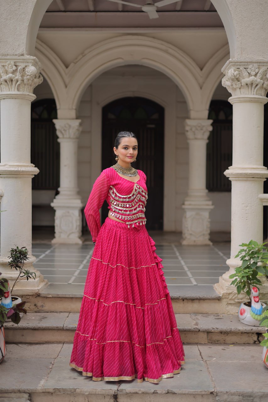 Pink Navratri Special Leheriya Print Lehenga Choli with 12 Mtr Flair & Mirror Lace Work
