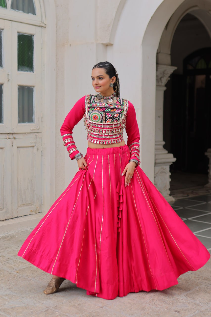 Pink Navratri Special Roman Fabric Lehenga Choli with Kutchi Gamthi & Mirror Work