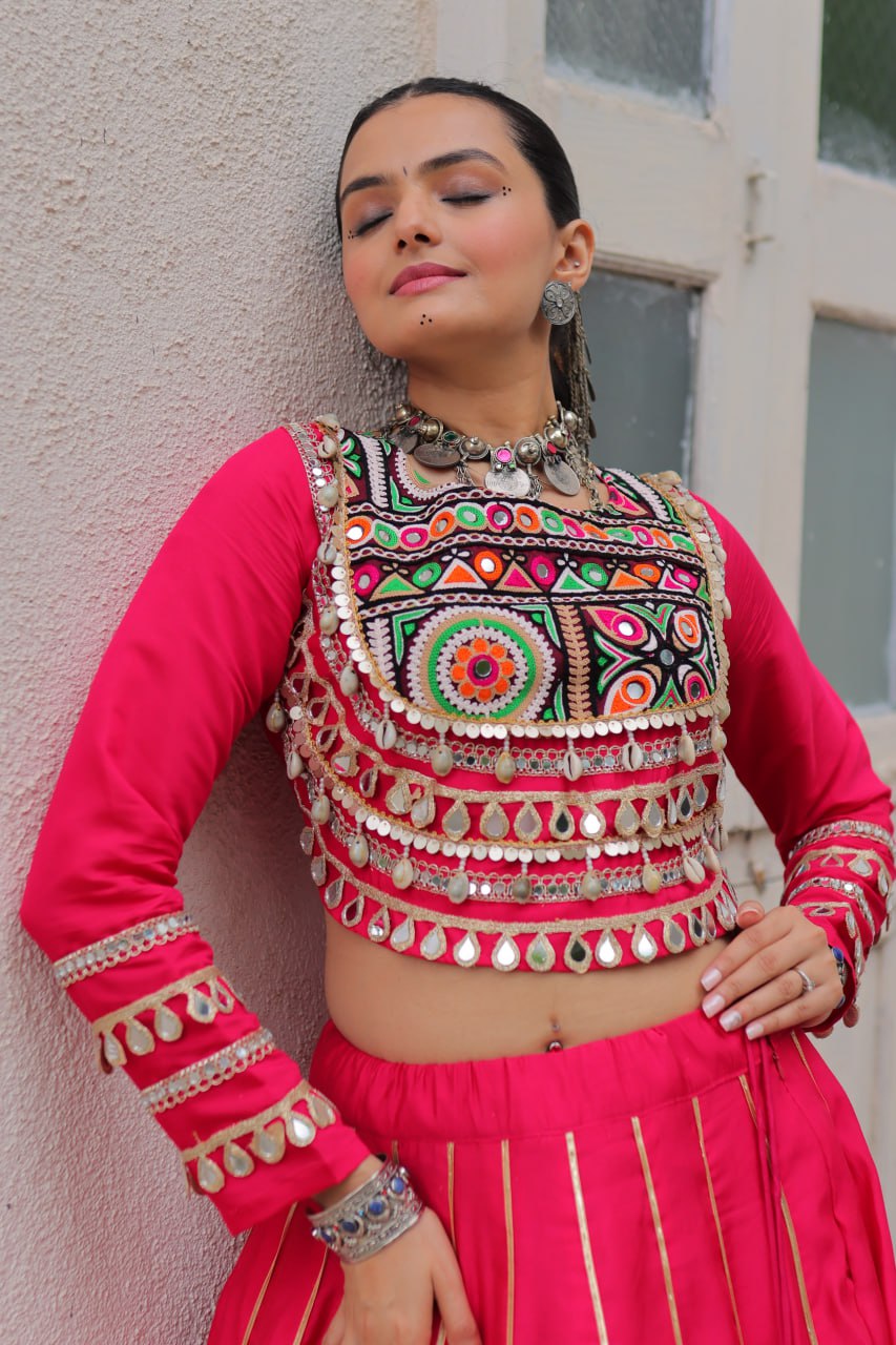 Pink Navratri Special Roman Fabric Lehenga Choli with Kutchi Gamthi & Mirror Work