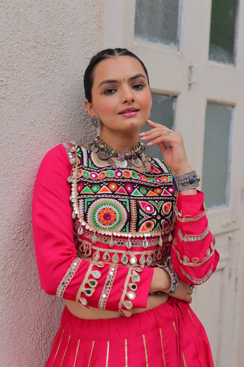 Pink Navratri Special Roman Fabric Lehenga Choli with Kutchi Gamthi & Mirror Work
