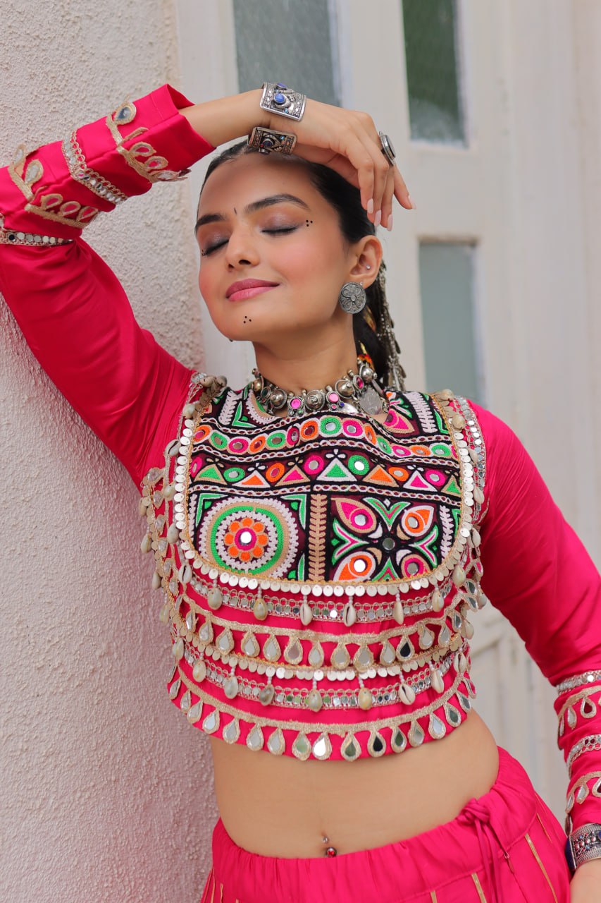 Pink Navratri Special Roman Fabric Lehenga Choli with Kutchi Gamthi & Mirror Work