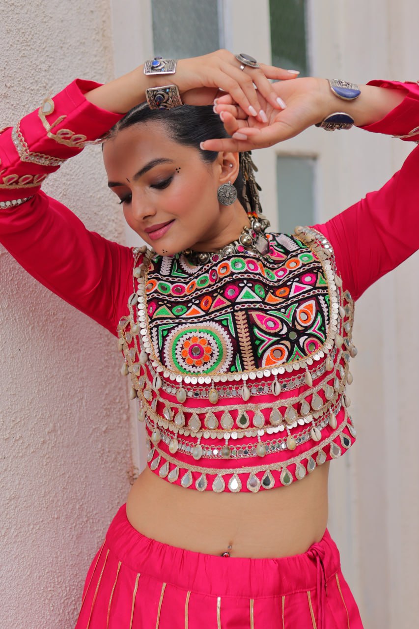 Pink Navratri Special Roman Fabric Lehenga Choli with Kutchi Gamthi & Mirror Work
