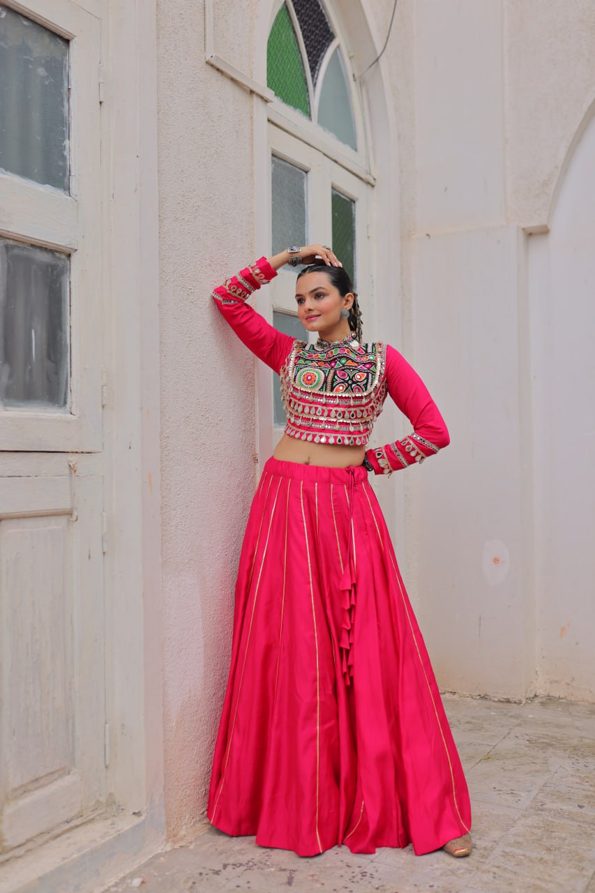 Pink Navratri Special Roman Fabric Lehenga Choli with Kutchi Gamthi & Mirror Work