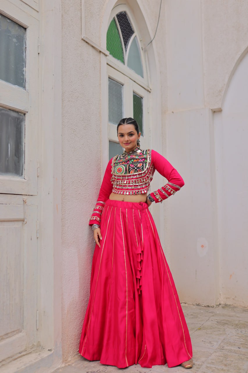Pink Navratri Special Roman Fabric Lehenga Choli with Kutchi Gamthi & Mirror Work