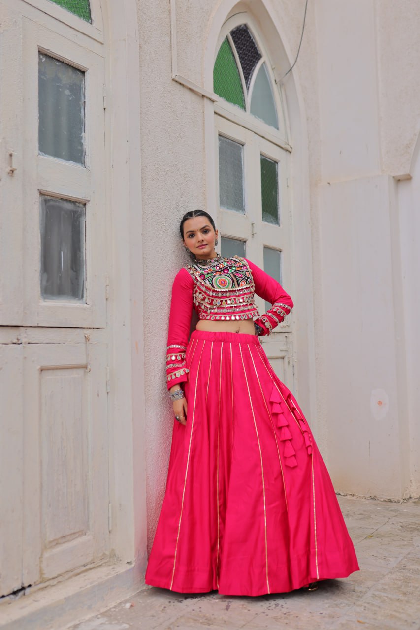 Pink Navratri Special Roman Fabric Lehenga Choli with Kutchi Gamthi & Mirror Work
