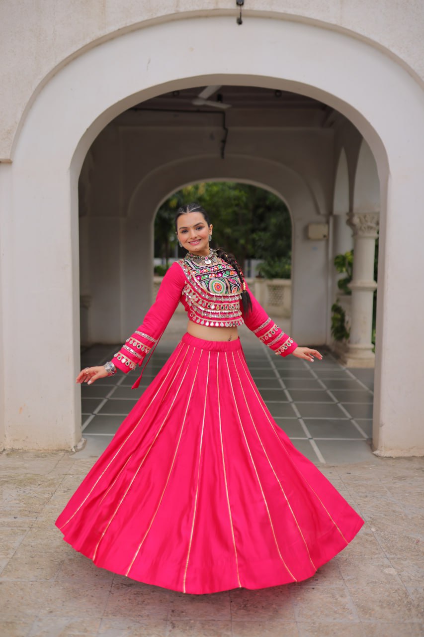 Pink Navratri Special Roman Fabric Lehenga Choli with Kutchi Gamthi & Mirror Work