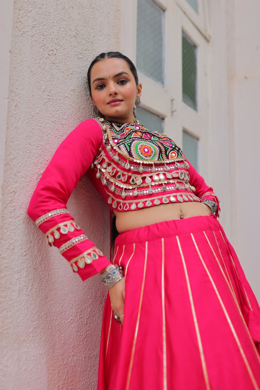Pink Navratri Special Roman Fabric Lehenga Choli with Kutchi Gamthi & Mirror Work