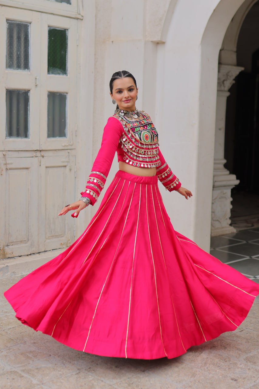 Pink Navratri Special Roman Fabric Lehenga Choli with Kutchi Gamthi & Mirror Work