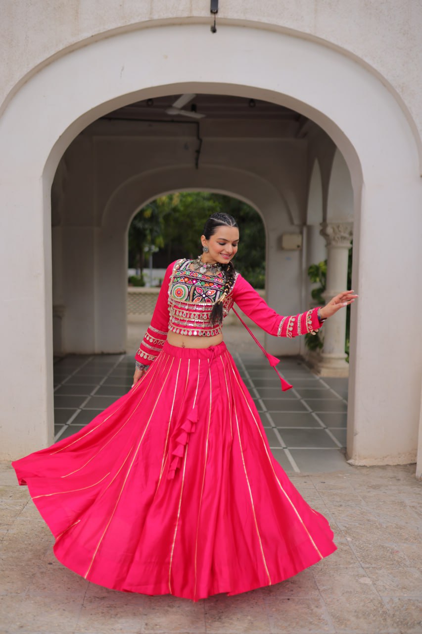 Pink Navratri Special Roman Fabric Lehenga Choli with Kutchi Gamthi & Mirror Work