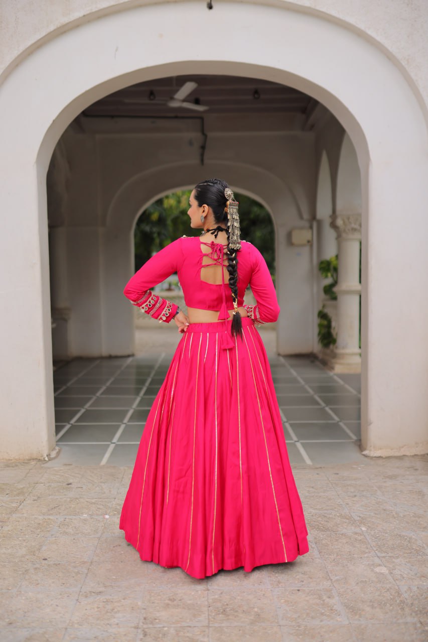 Pink Navratri Special Roman Fabric Lehenga Choli with Kutchi Gamthi & Mirror Work
