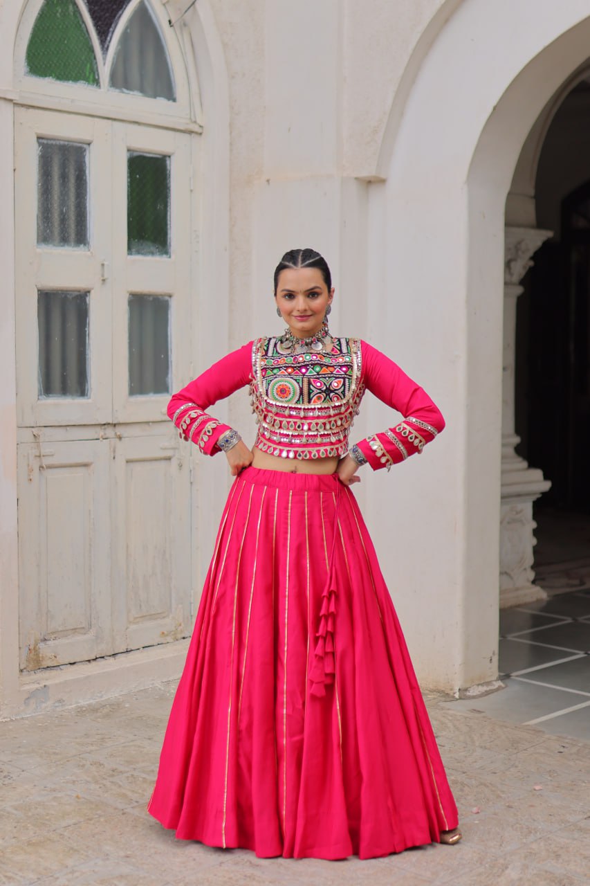 Pink Navratri Special Roman Fabric Lehenga Choli with Kutchi Gamthi & Mirror Work