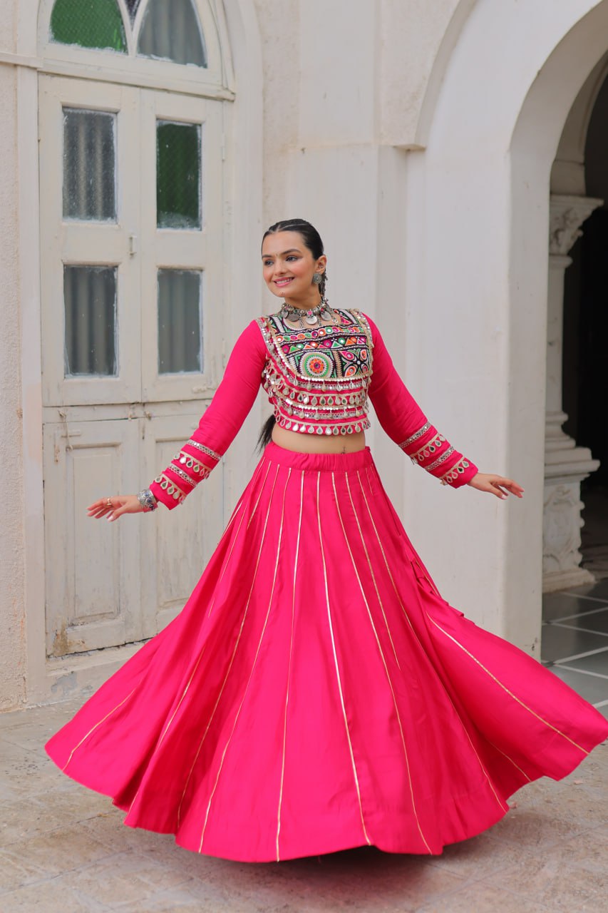 Pink Navratri Special Roman Fabric Lehenga Choli with Kutchi Gamthi & Mirror Work