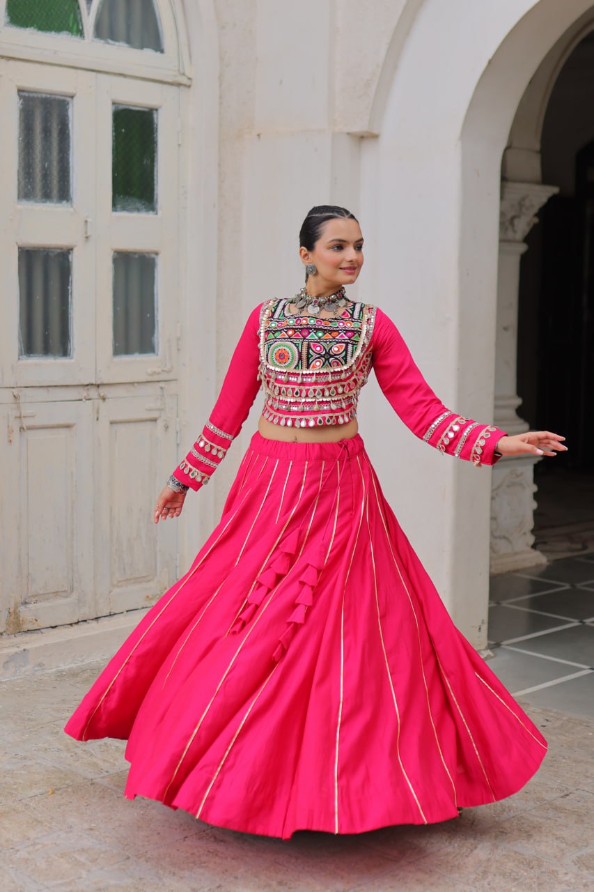 Pink Navratri Special Roman Fabric Lehenga Choli with Kutchi Gamthi & Mirror Work