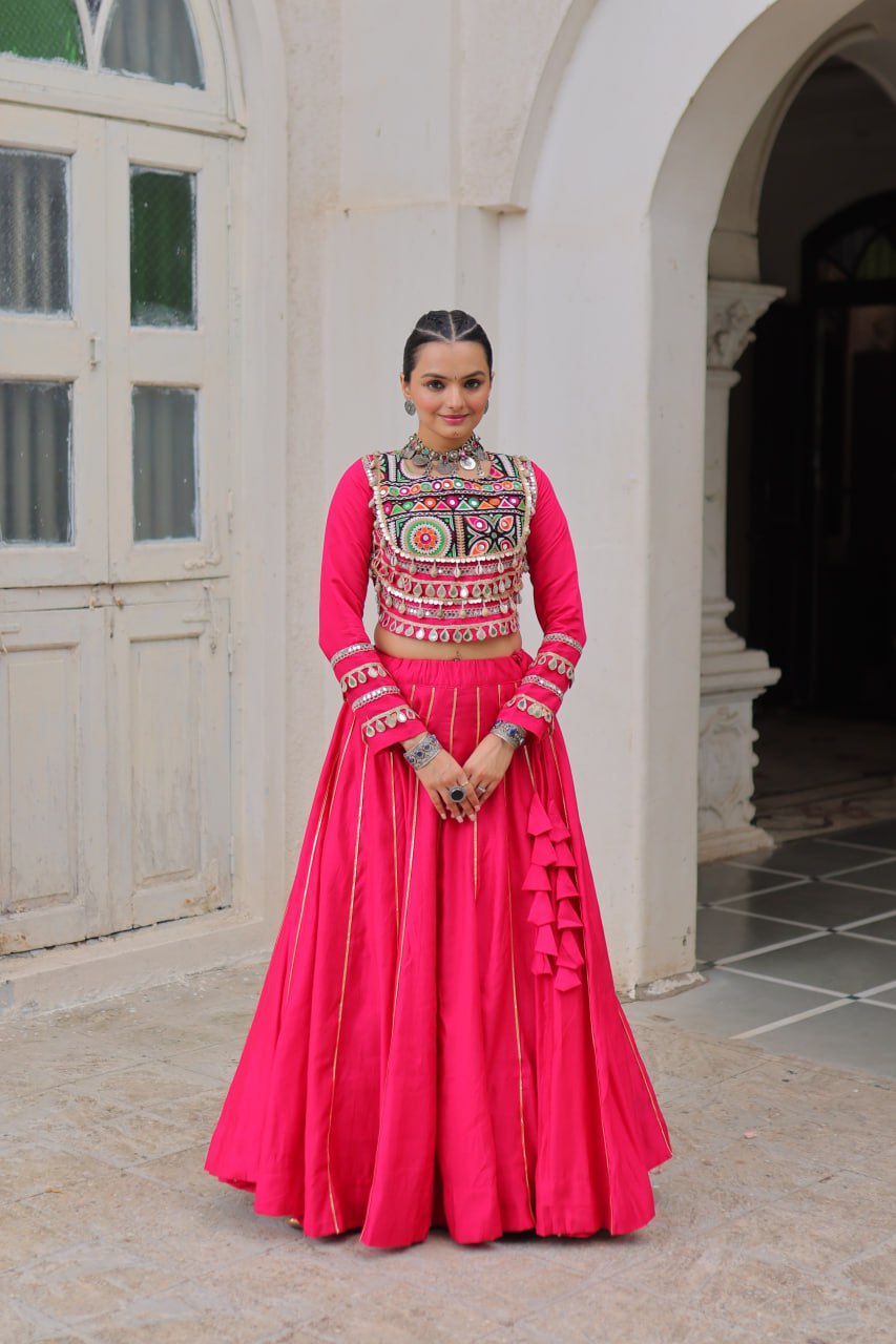 Pink Navratri Special Roman Fabric Lehenga Choli with Kutchi Gamthi & Mirror Work
