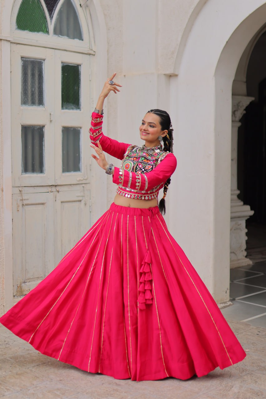 Pink Navratri Special Roman Fabric Lehenga Choli with Kutchi Gamthi & Mirror Work