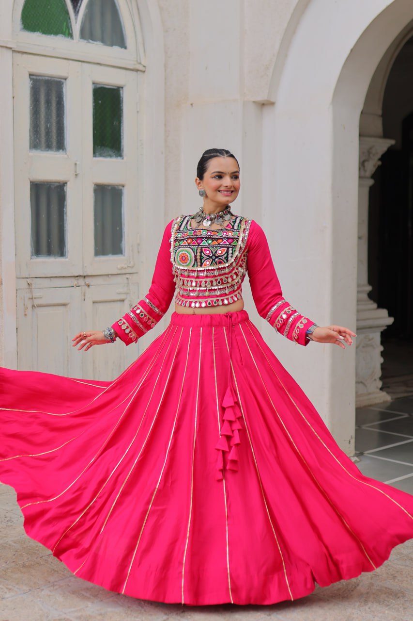 Pink Navratri Special Roman Fabric Lehenga Choli with Kutchi Gamthi & Mirror Work