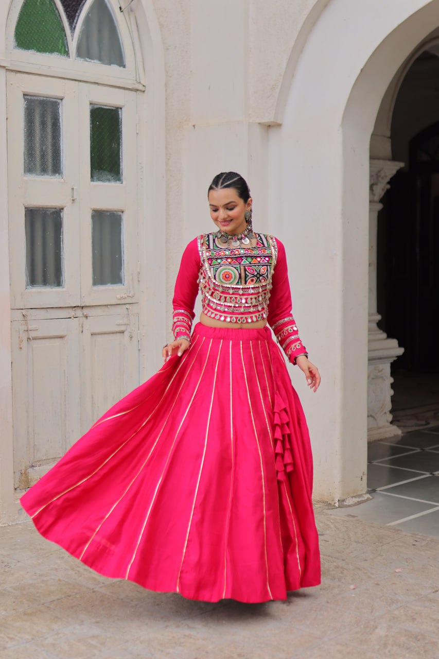 Pink Navratri Special Roman Fabric Lehenga Choli with Kutchi Gamthi & Mirror Work