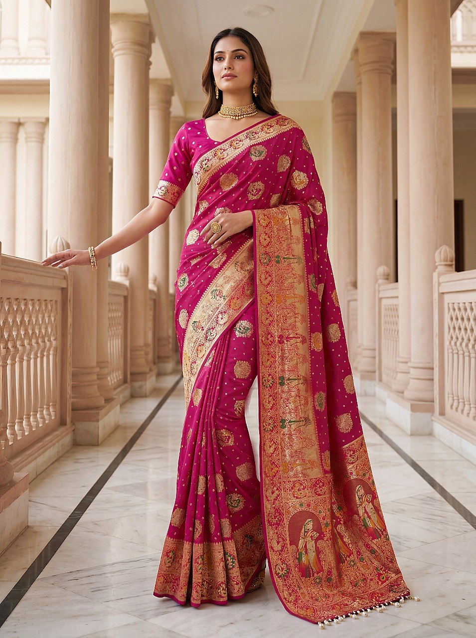 Pink Nylon Satin Zari Weaving Saree