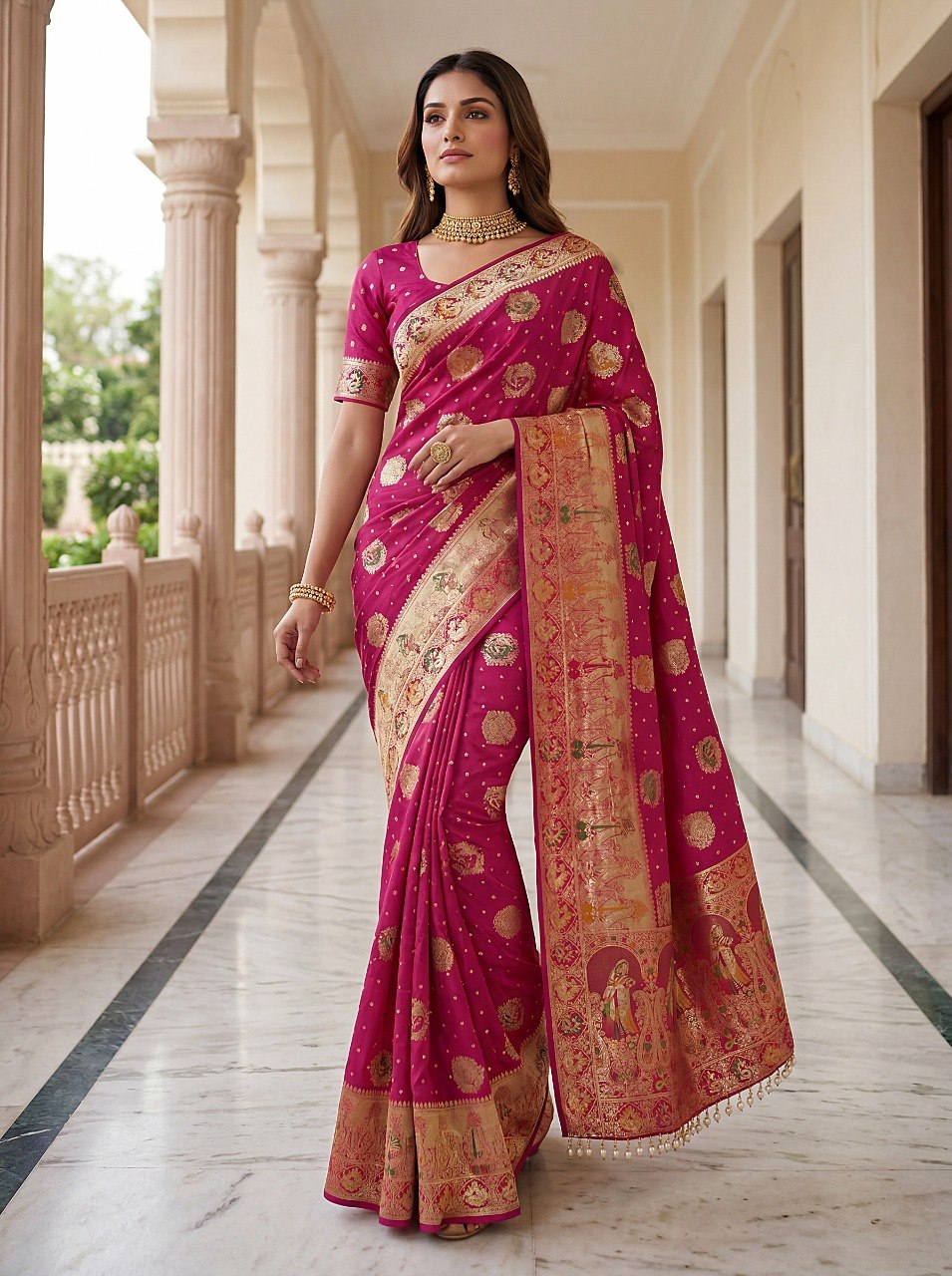 Pink Nylon Satin Zari Weaving Saree