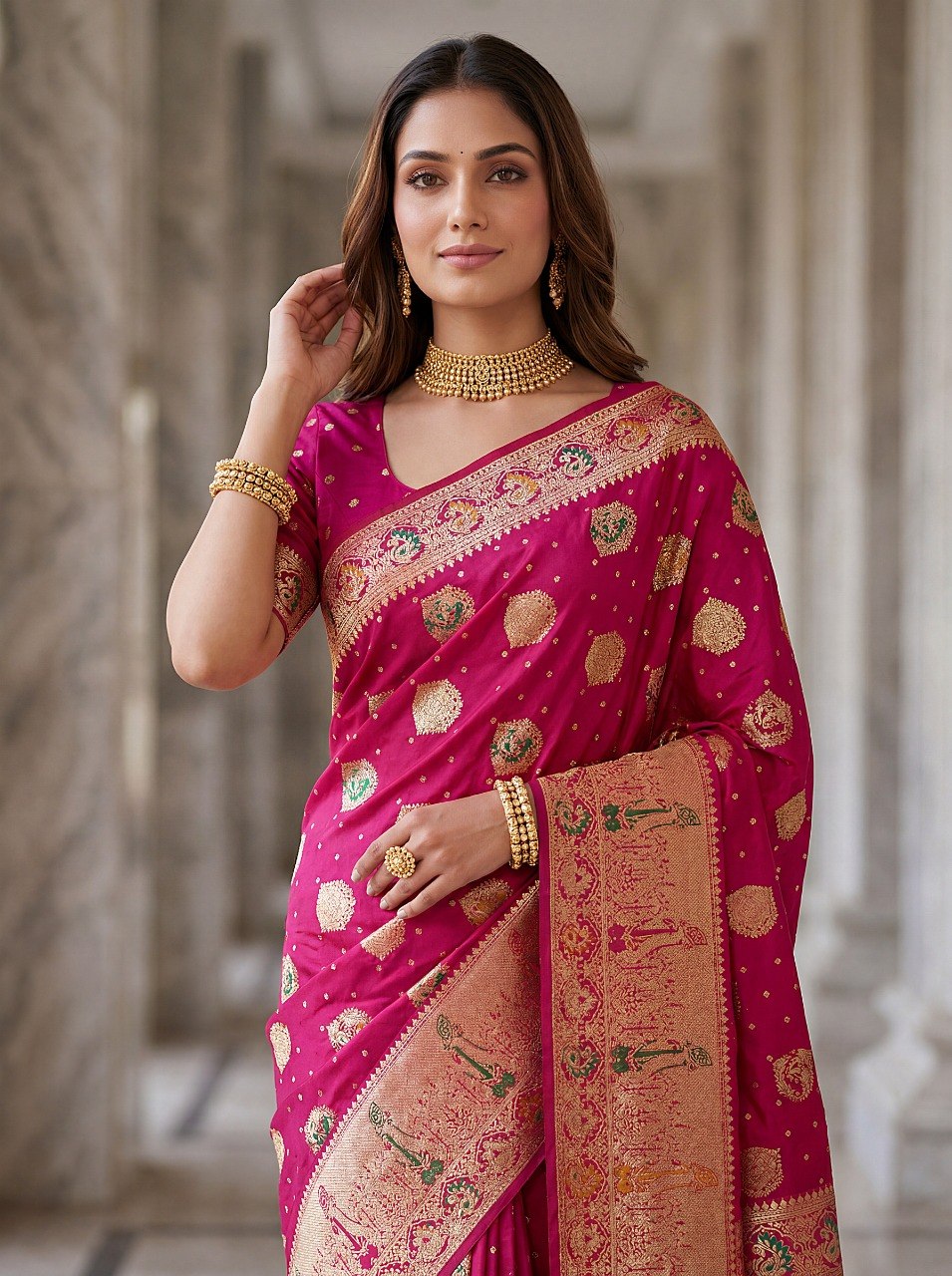 Pink Nylon Satin Zari Weaving Saree