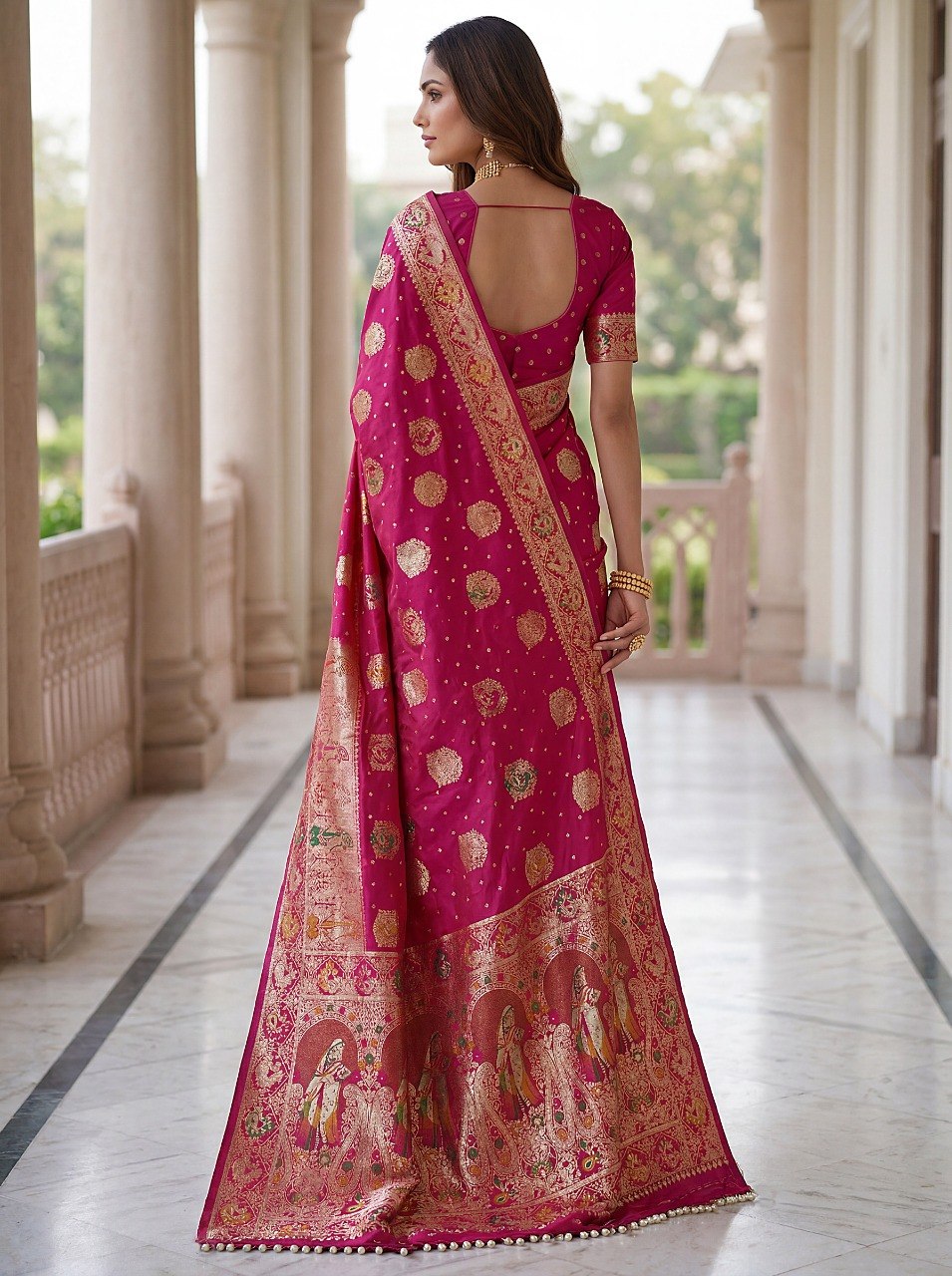 Pink Nylon Satin Zari Weaving Saree