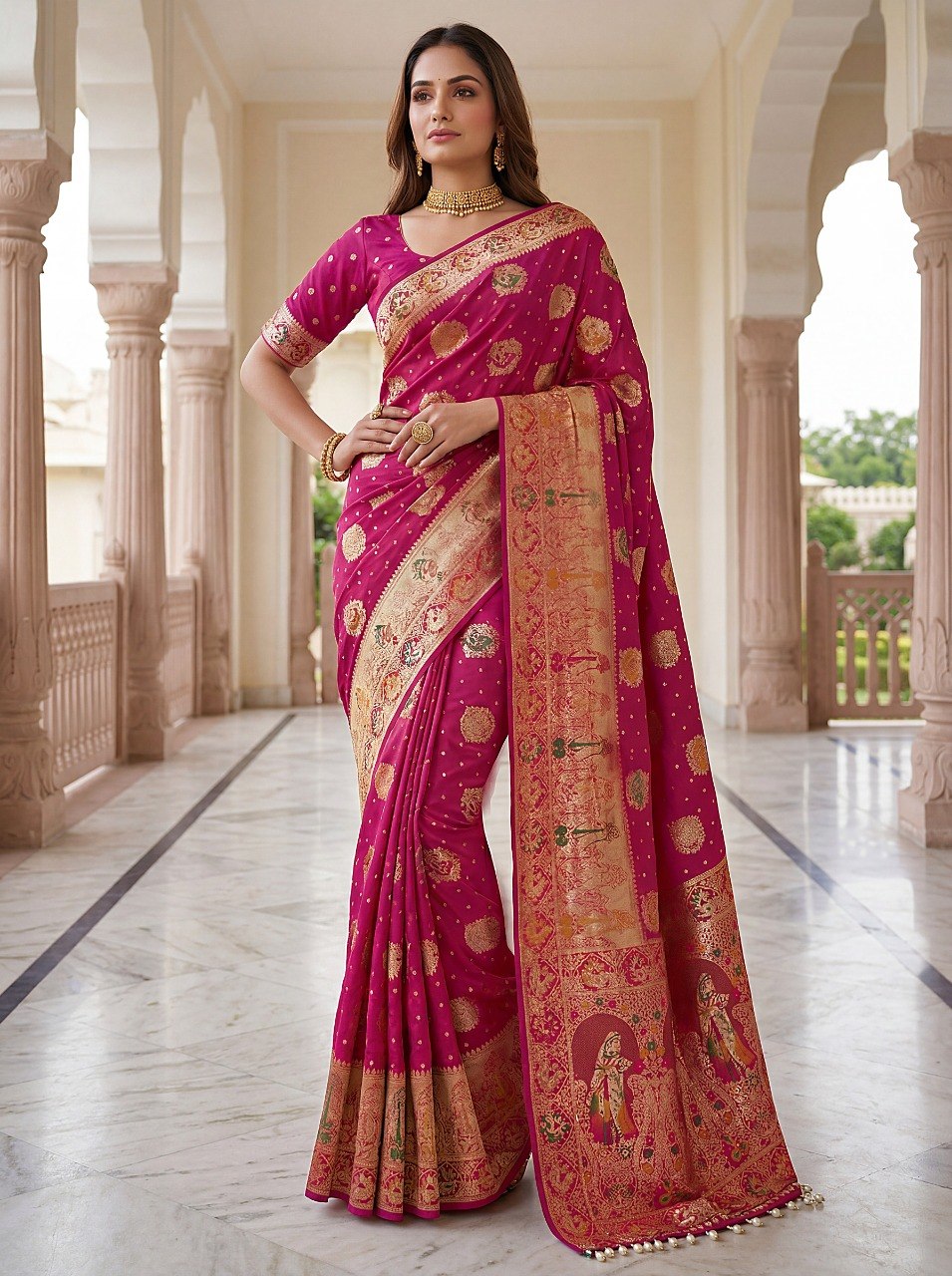 Pink Nylon Satin Zari Weaving Saree