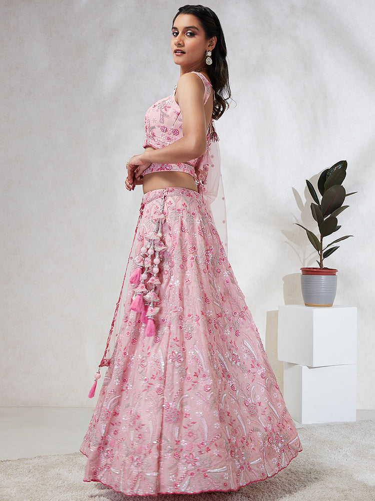 Pink Organza Sequins embroidery Lehenga choli & Dupatta