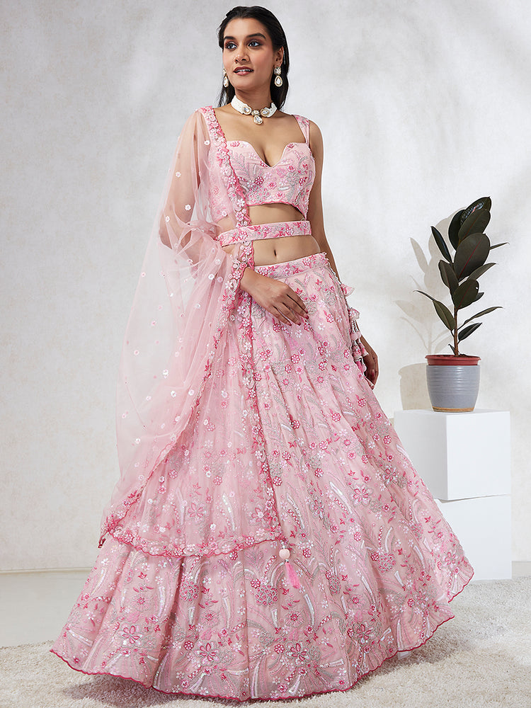 Pink Organza Sequins embroidery Lehenga choli & Dupatta