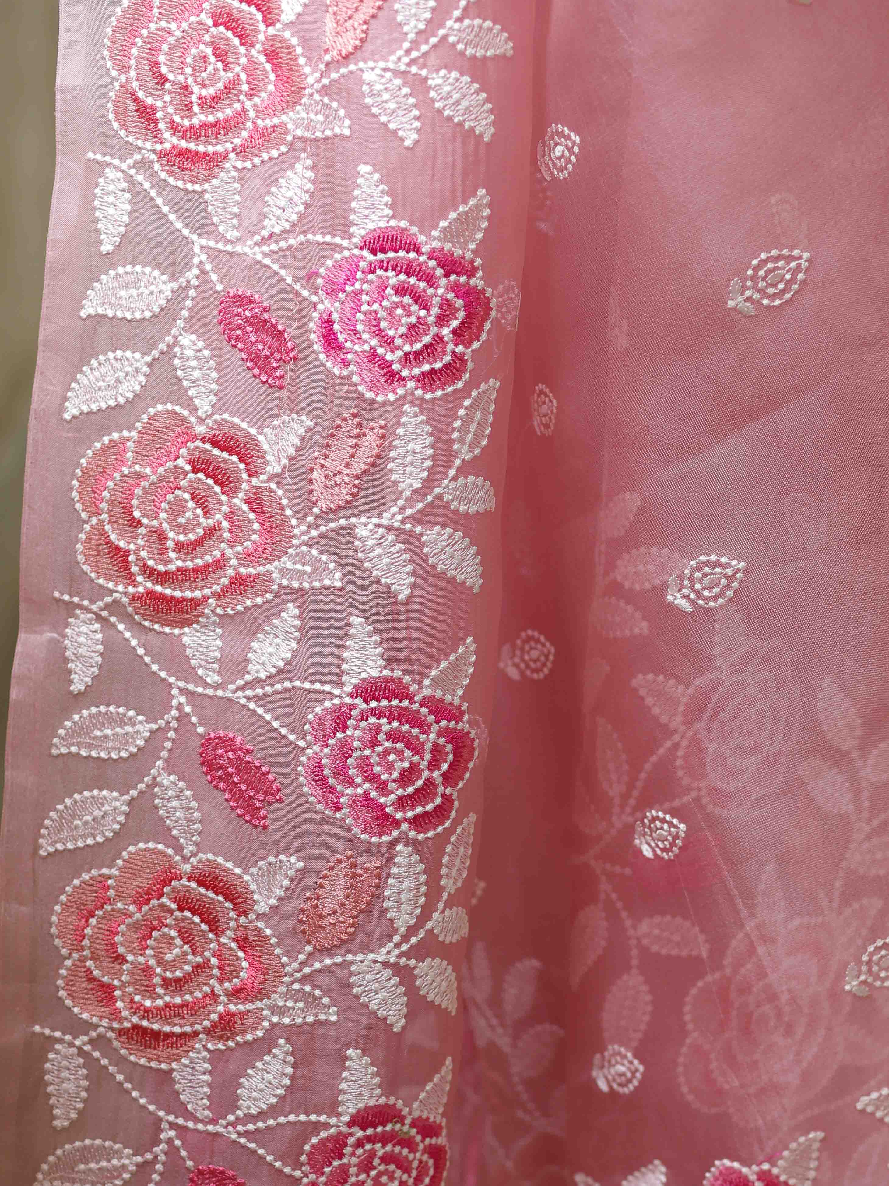 Pink Organza Silk Saree with Resham Floral Embroidery