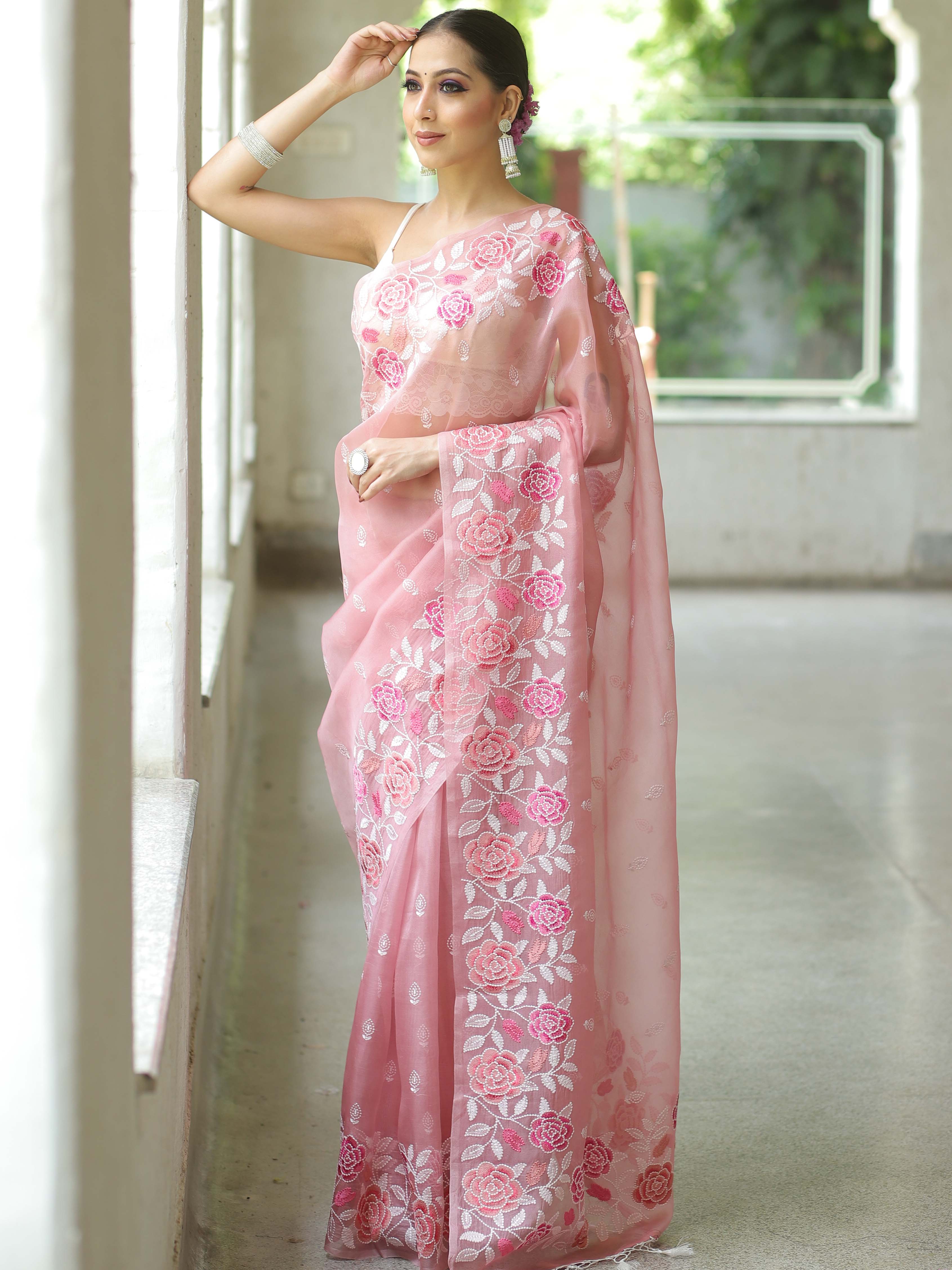 Pink Organza Silk Saree with Resham Floral Embroidery