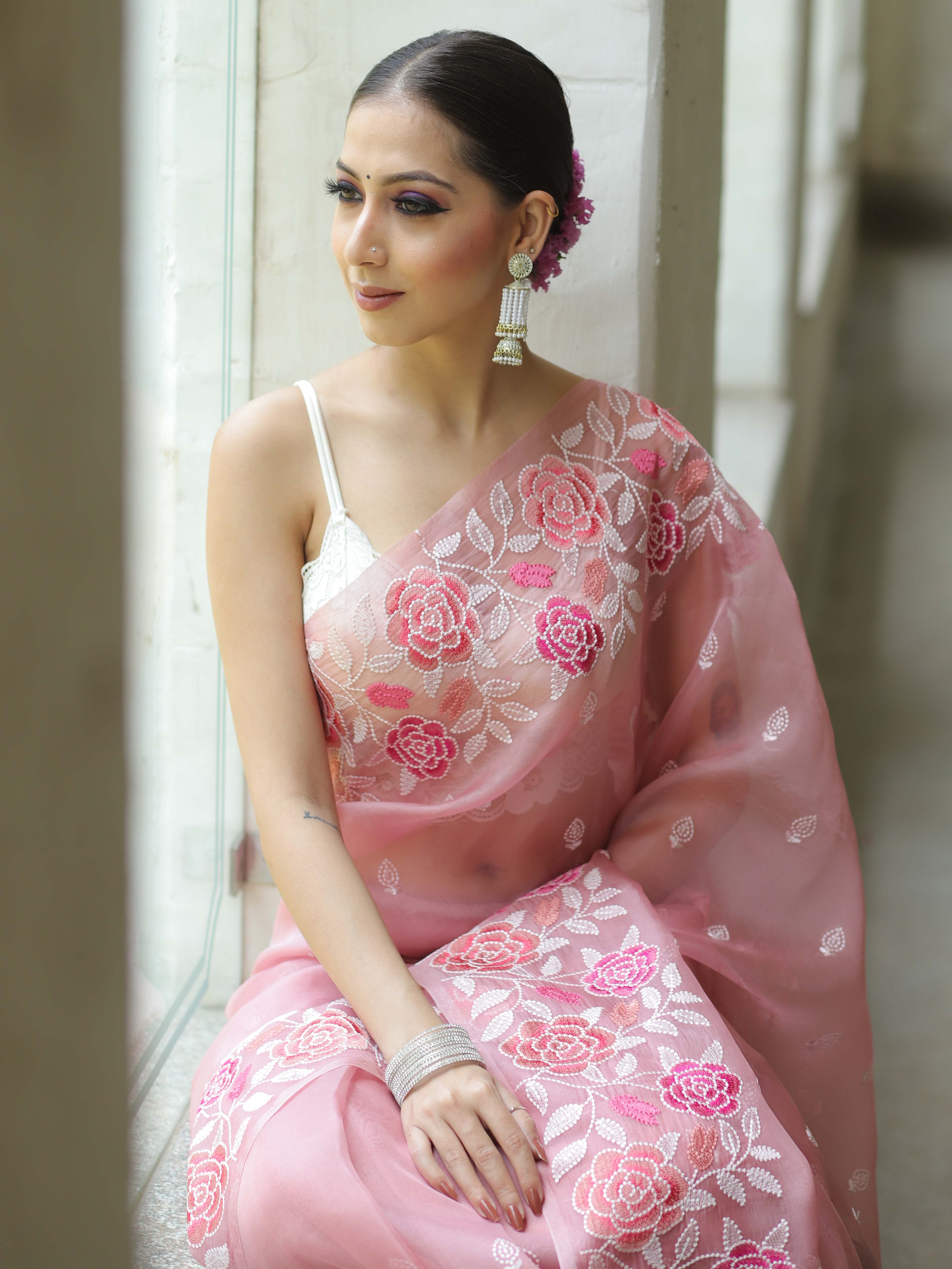Pink Organza Silk Saree with Resham Floral Embroidery