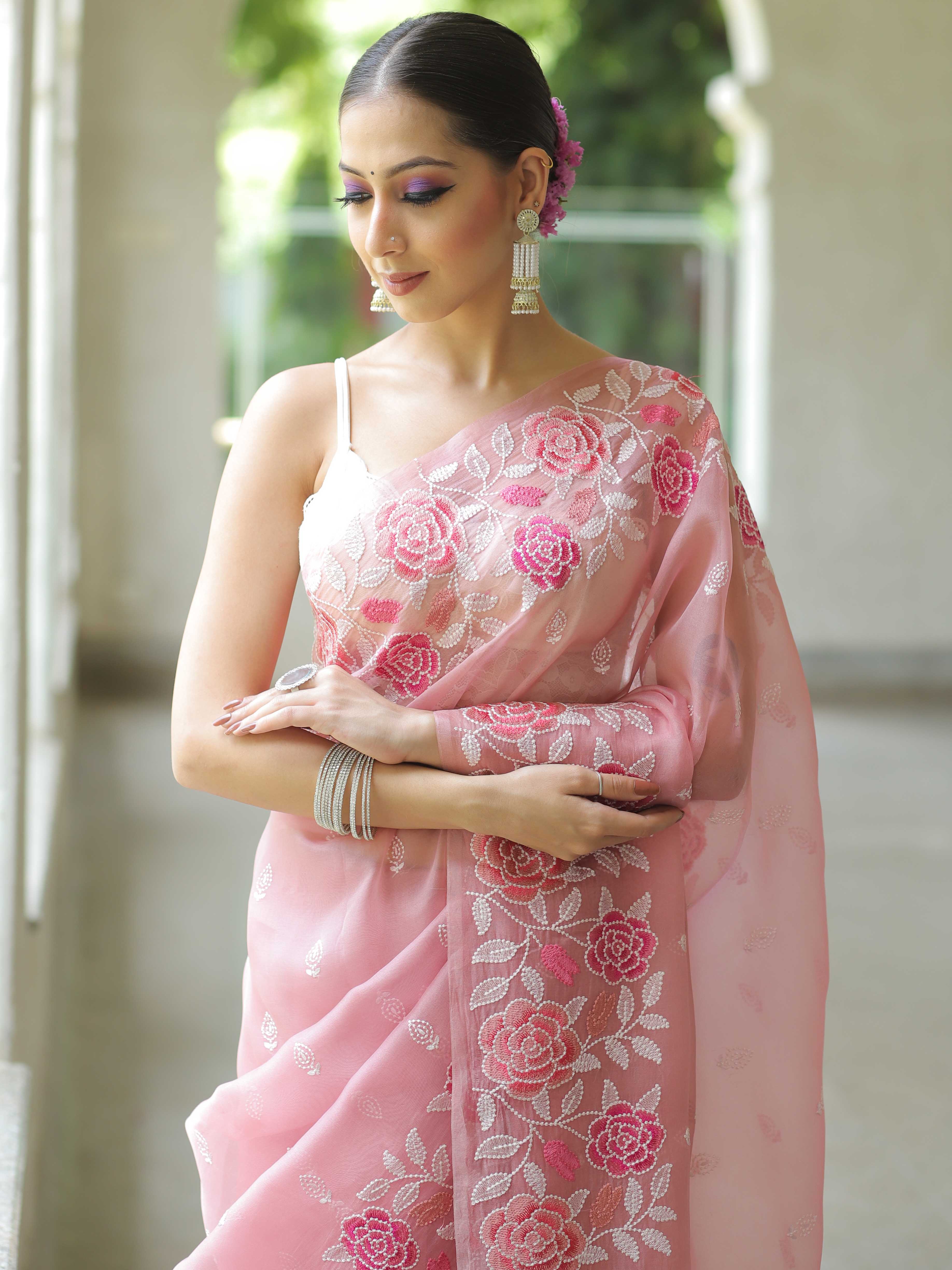 Pink Organza Silk Saree with Resham Floral Embroidery