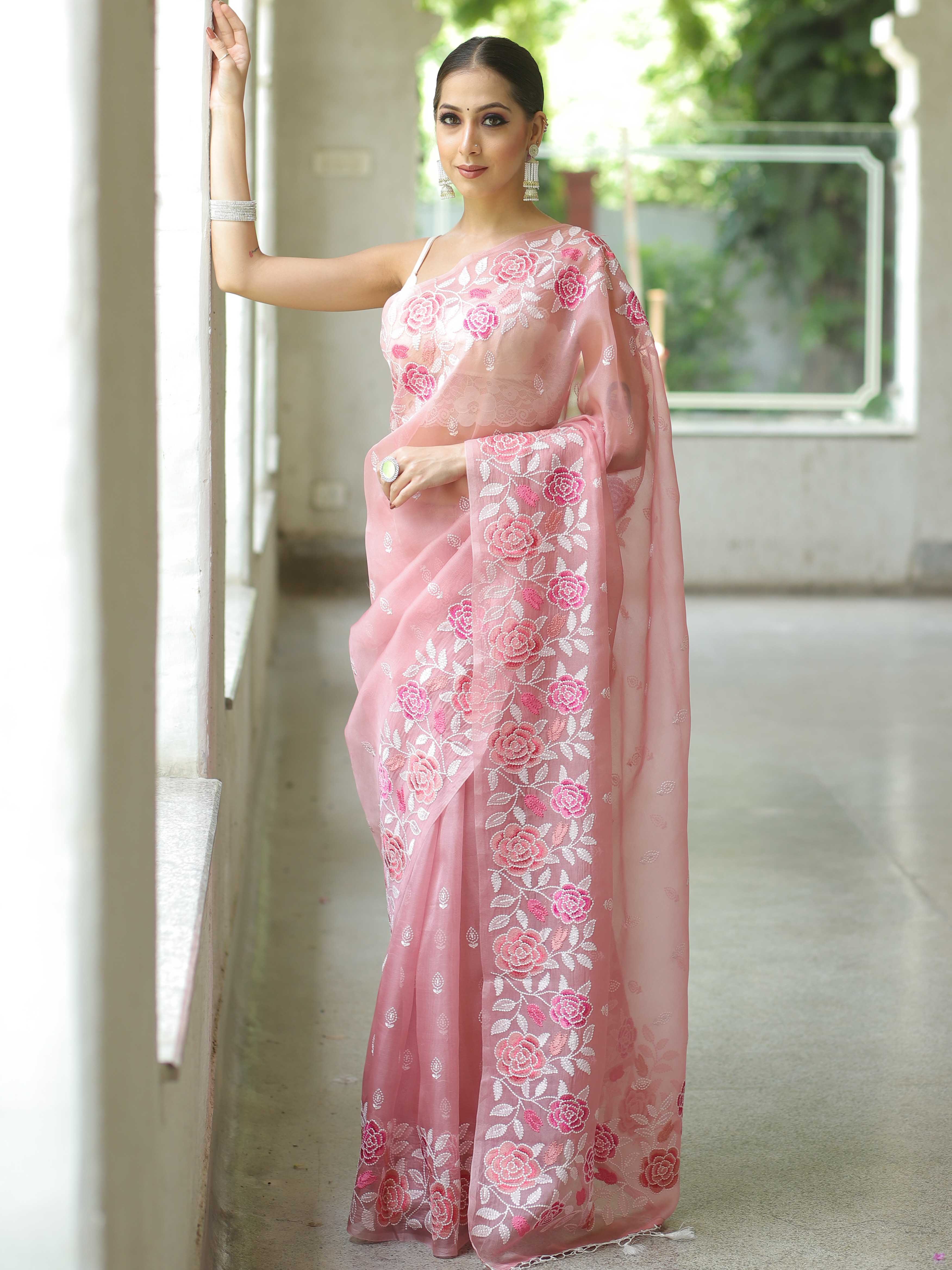 Pink Organza Silk Saree with Resham Floral Embroidery