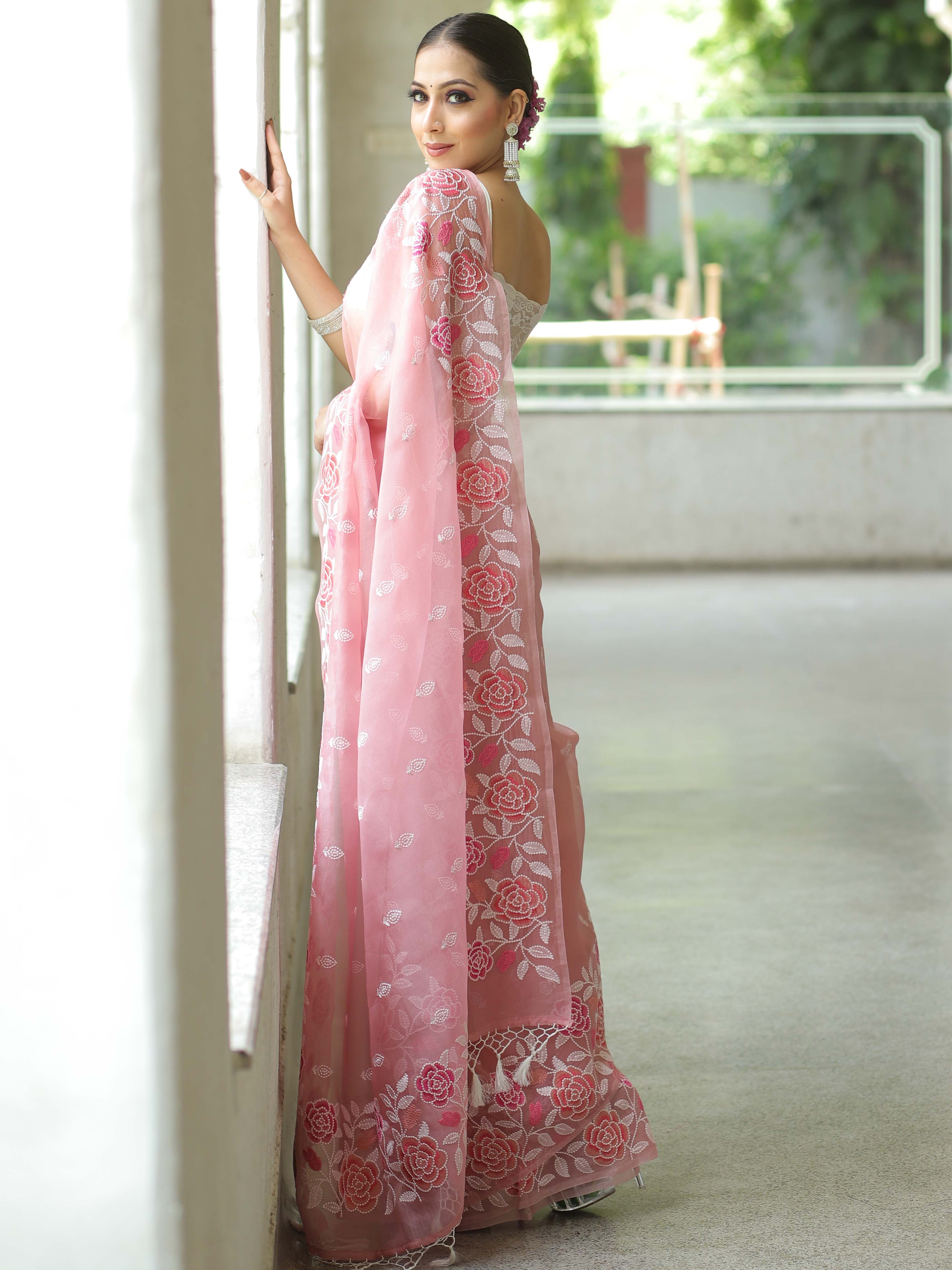 Pink Organza Silk Saree with Resham Floral Embroidery