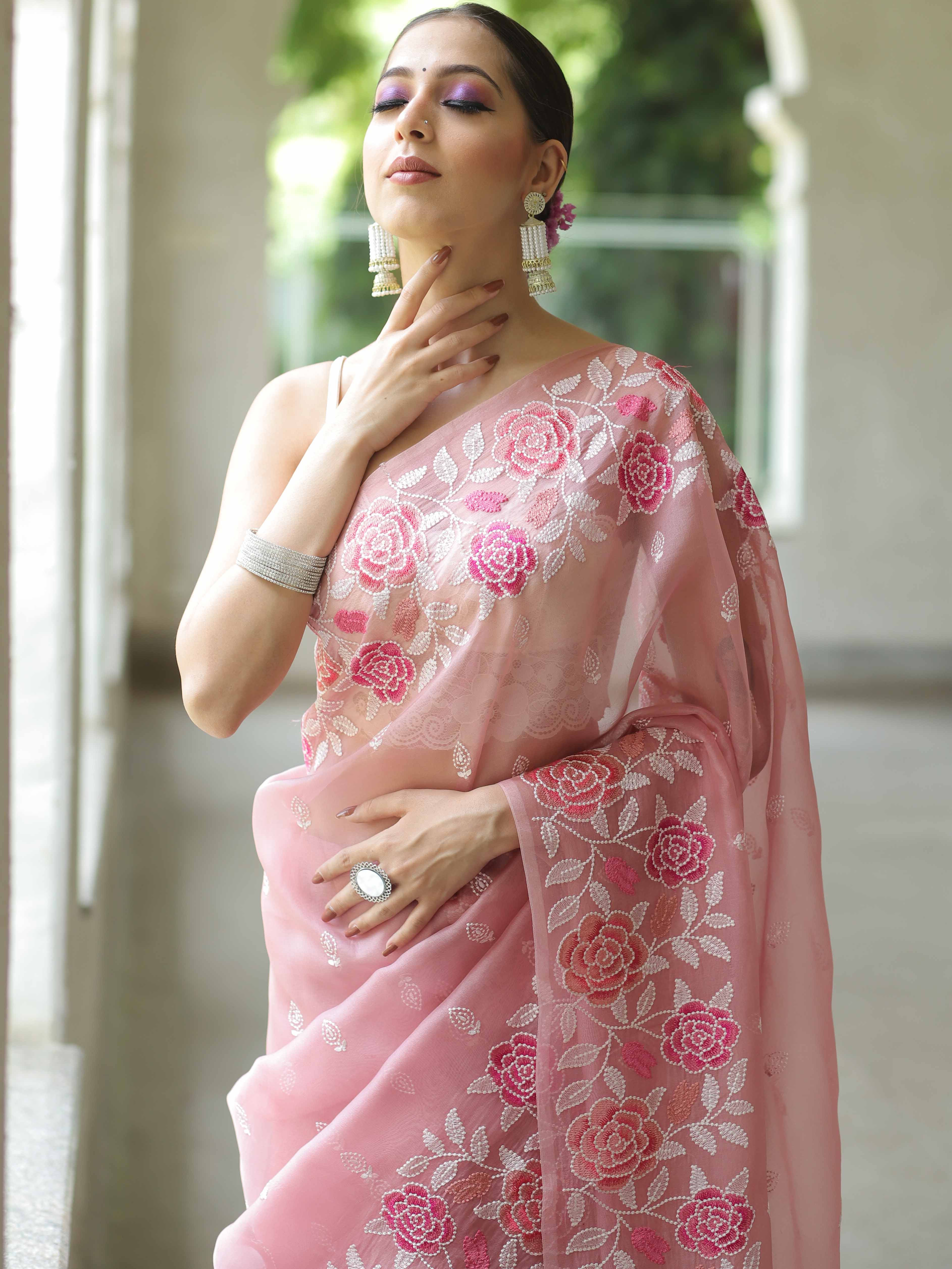 Pink Organza Silk Saree with Resham Floral Embroidery