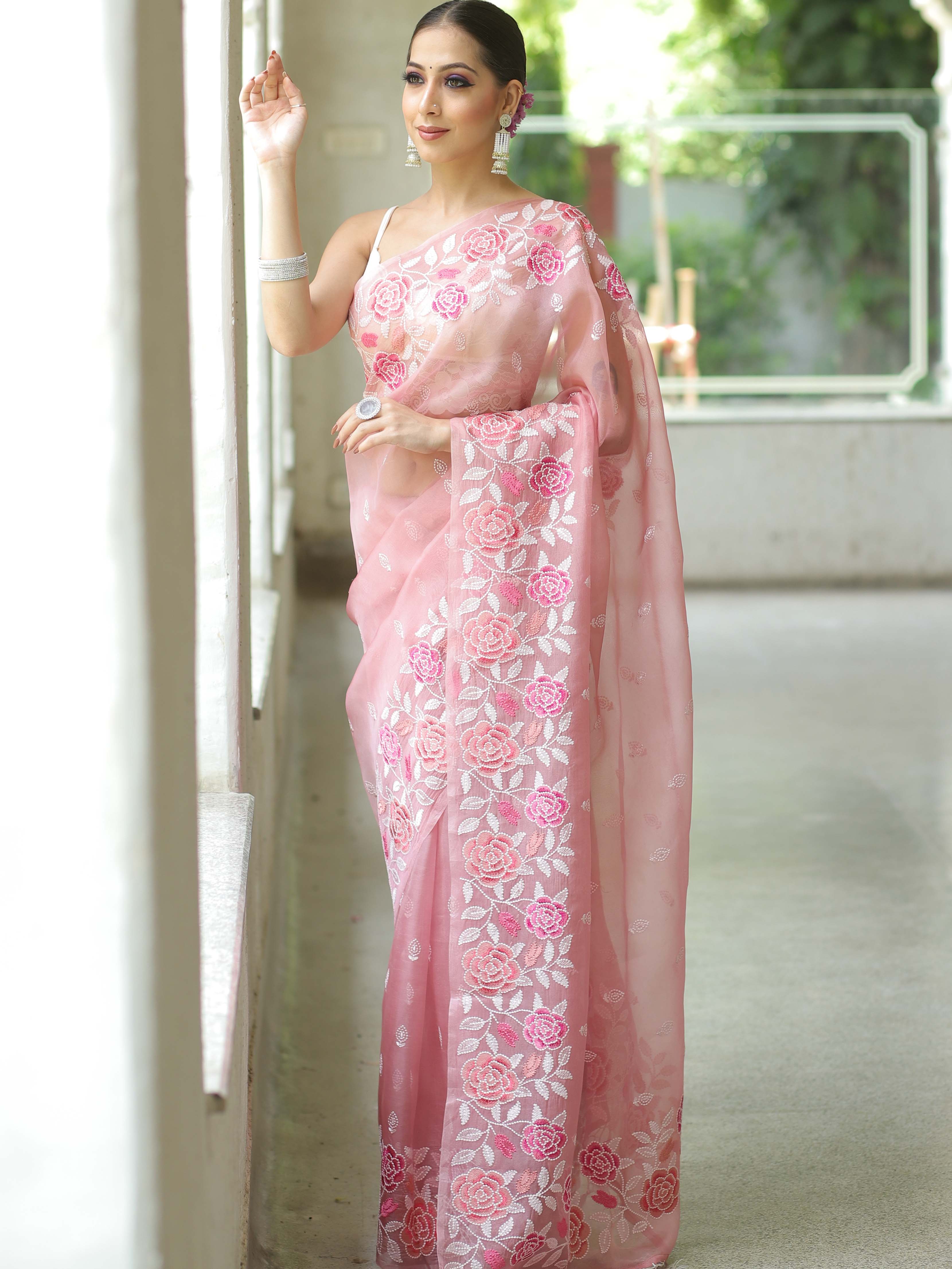 Pink Organza Silk Saree with Resham Floral Embroidery