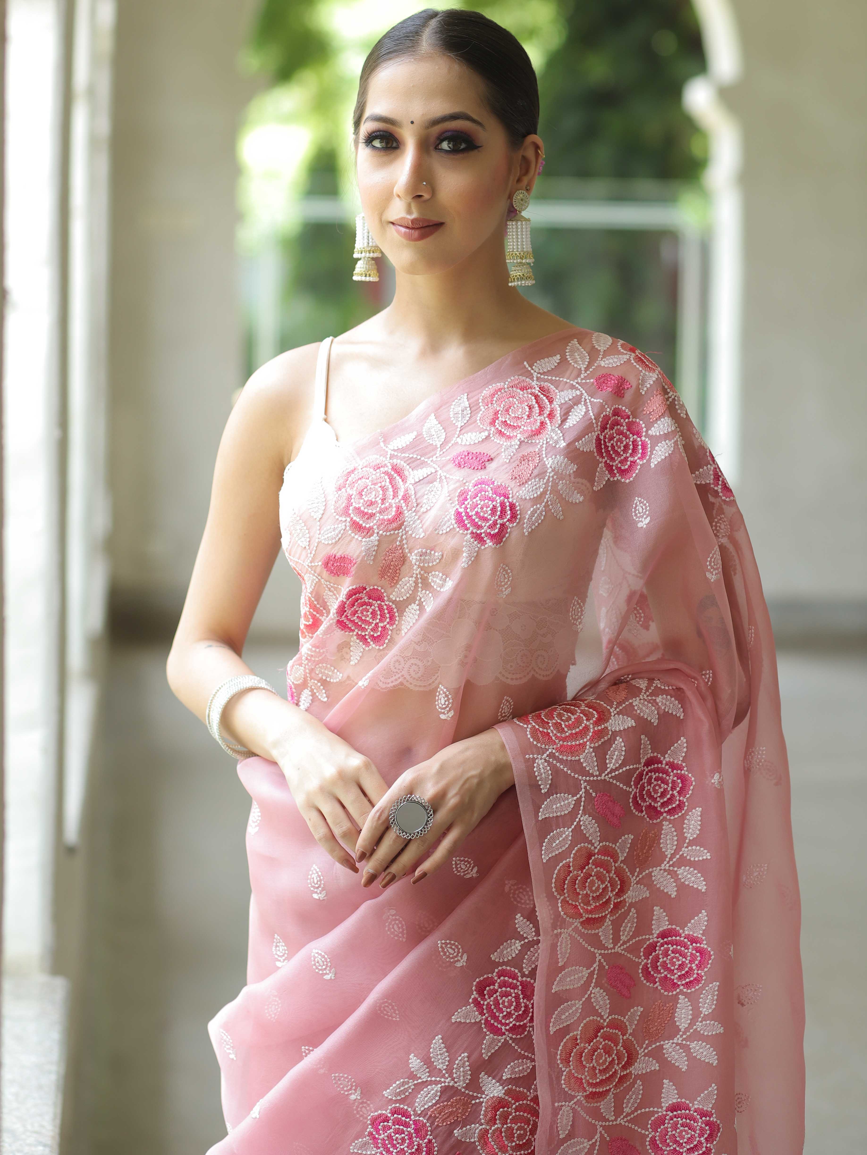 Pink Organza Silk Saree with Resham Floral Embroidery