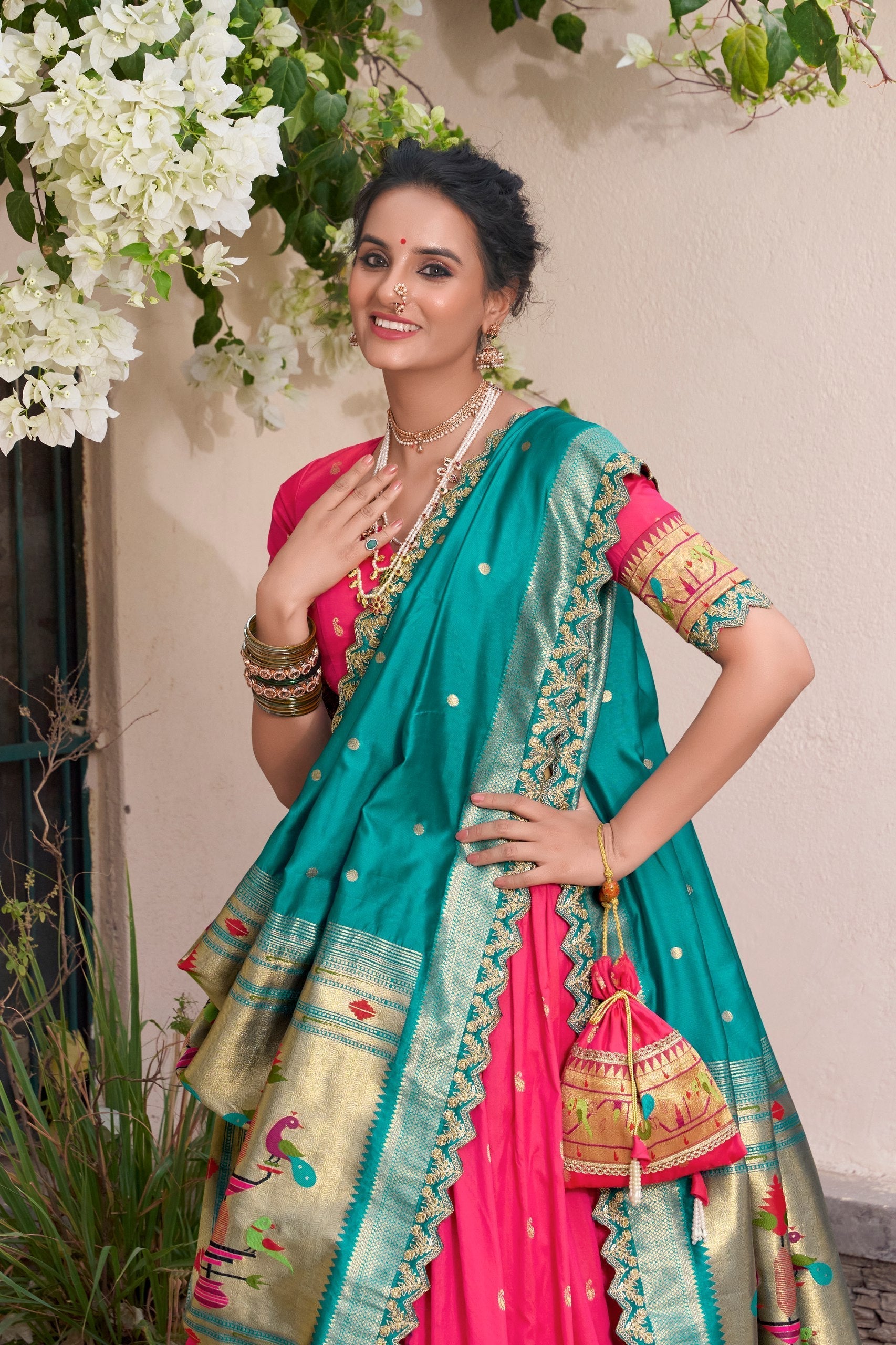 Pink Paithani Jacquard Silk Lehenga Set with Zari Weaving, Embroidery & Scallop