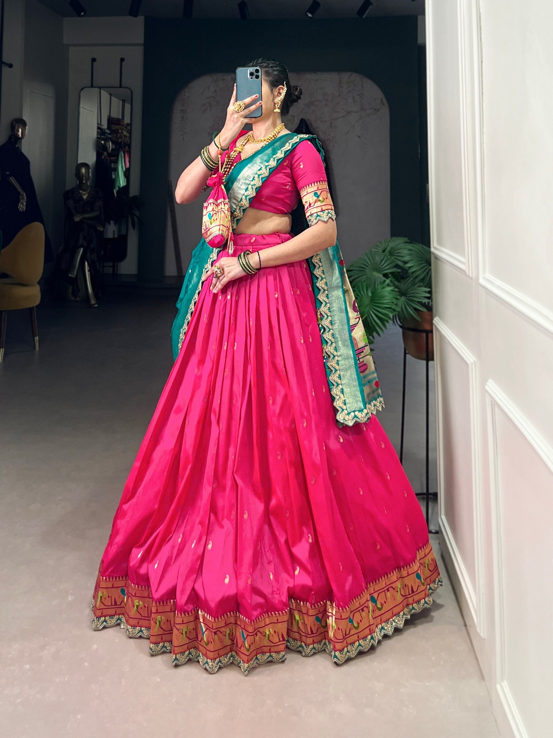Pink Paithani Jacquard Silk Lehenga Set with Zari Weaving, Embroidery & Scallop