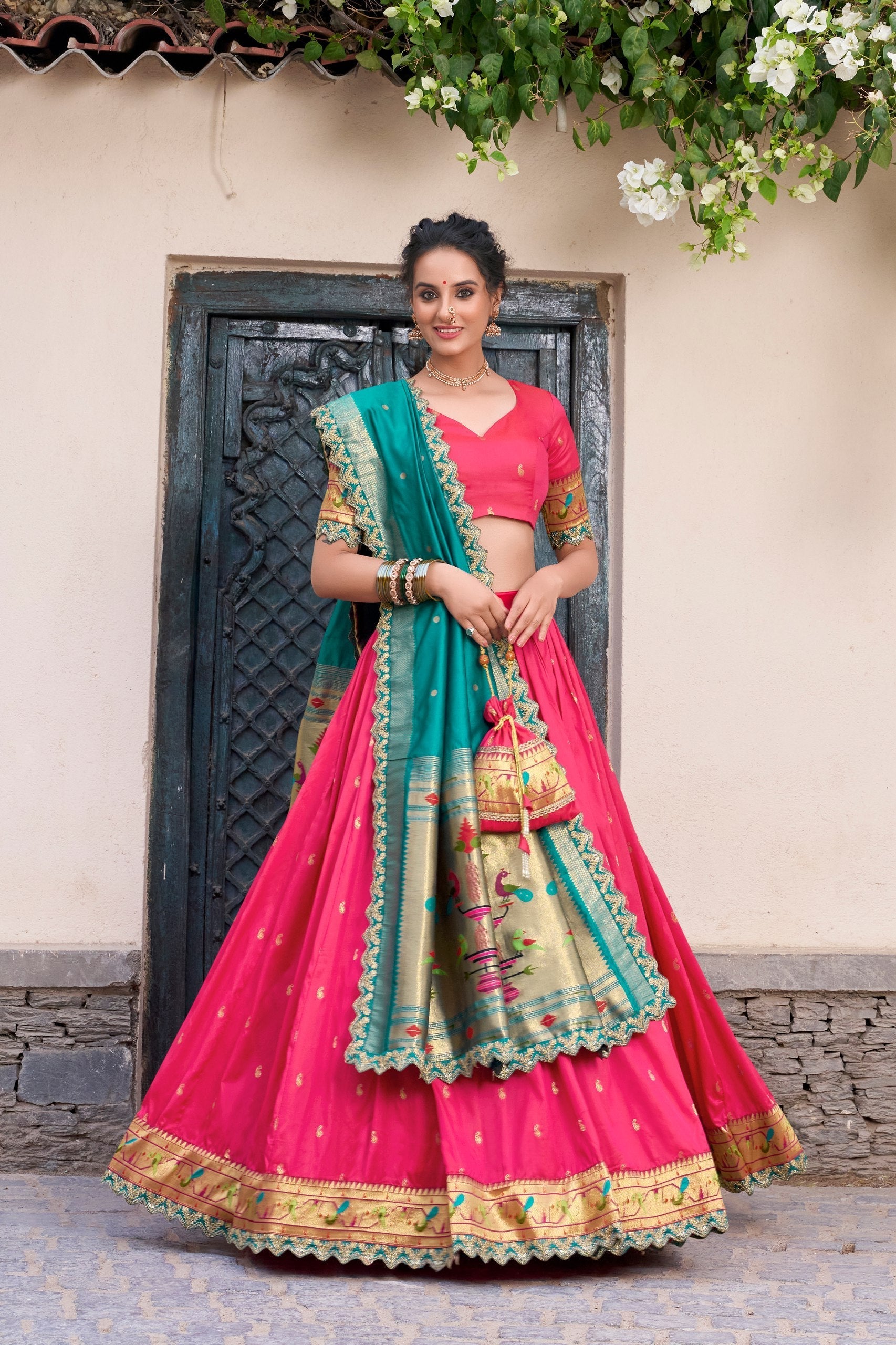 Pink Paithani Jacquard Silk Lehenga Set with Zari Weaving, Embroidery & Scallop