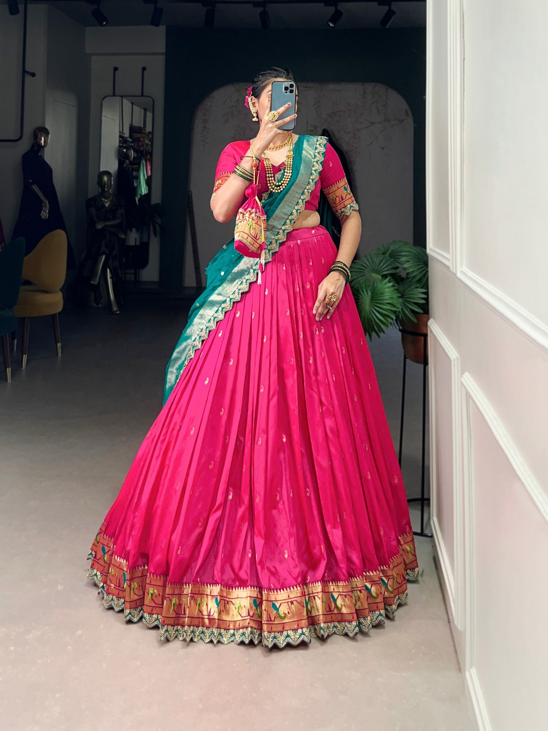 Pink Paithani Jacquard Silk Lehenga Set with Zari Weaving, Embroidery & Scallop