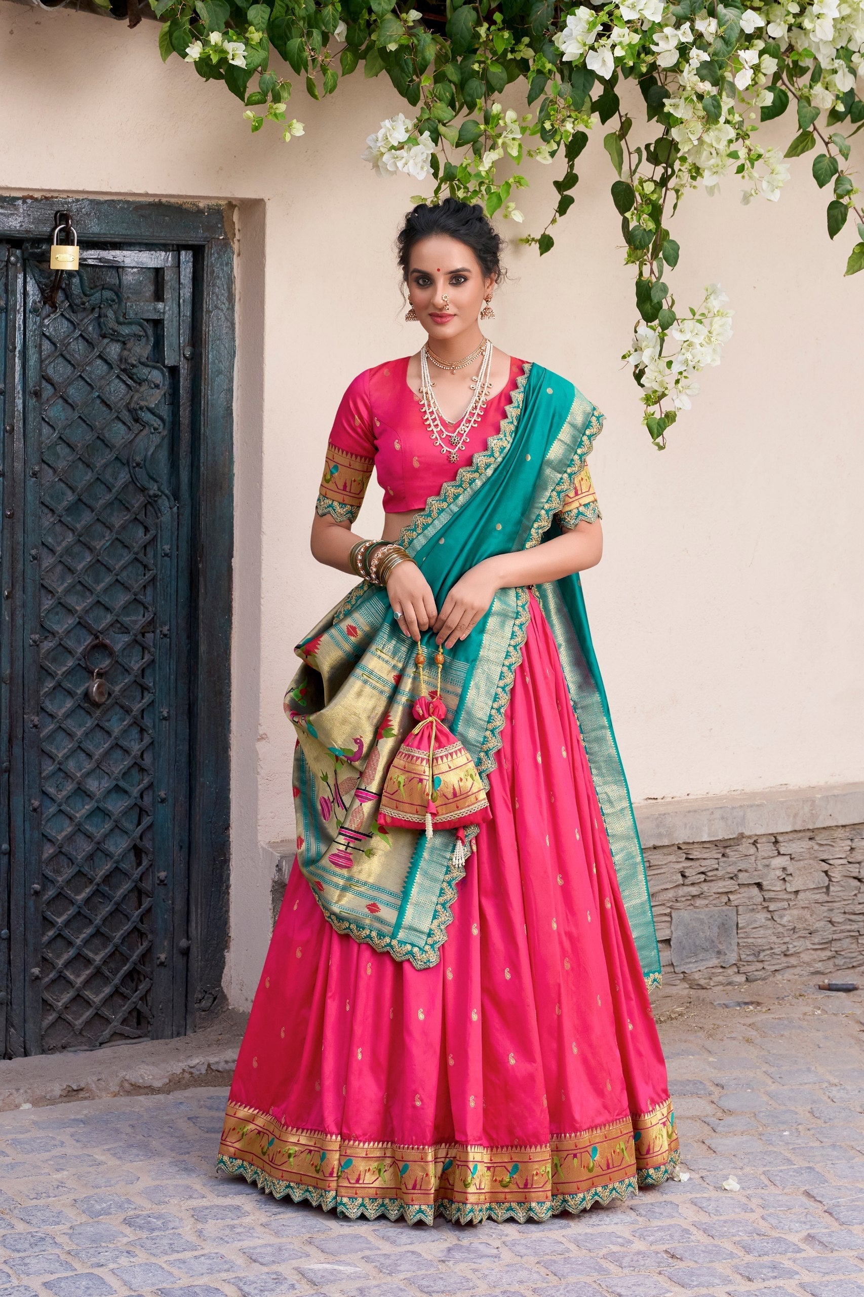 Pink Paithani Jacquard Silk Lehenga Set with Zari Weaving, Embroidery & Scallop
