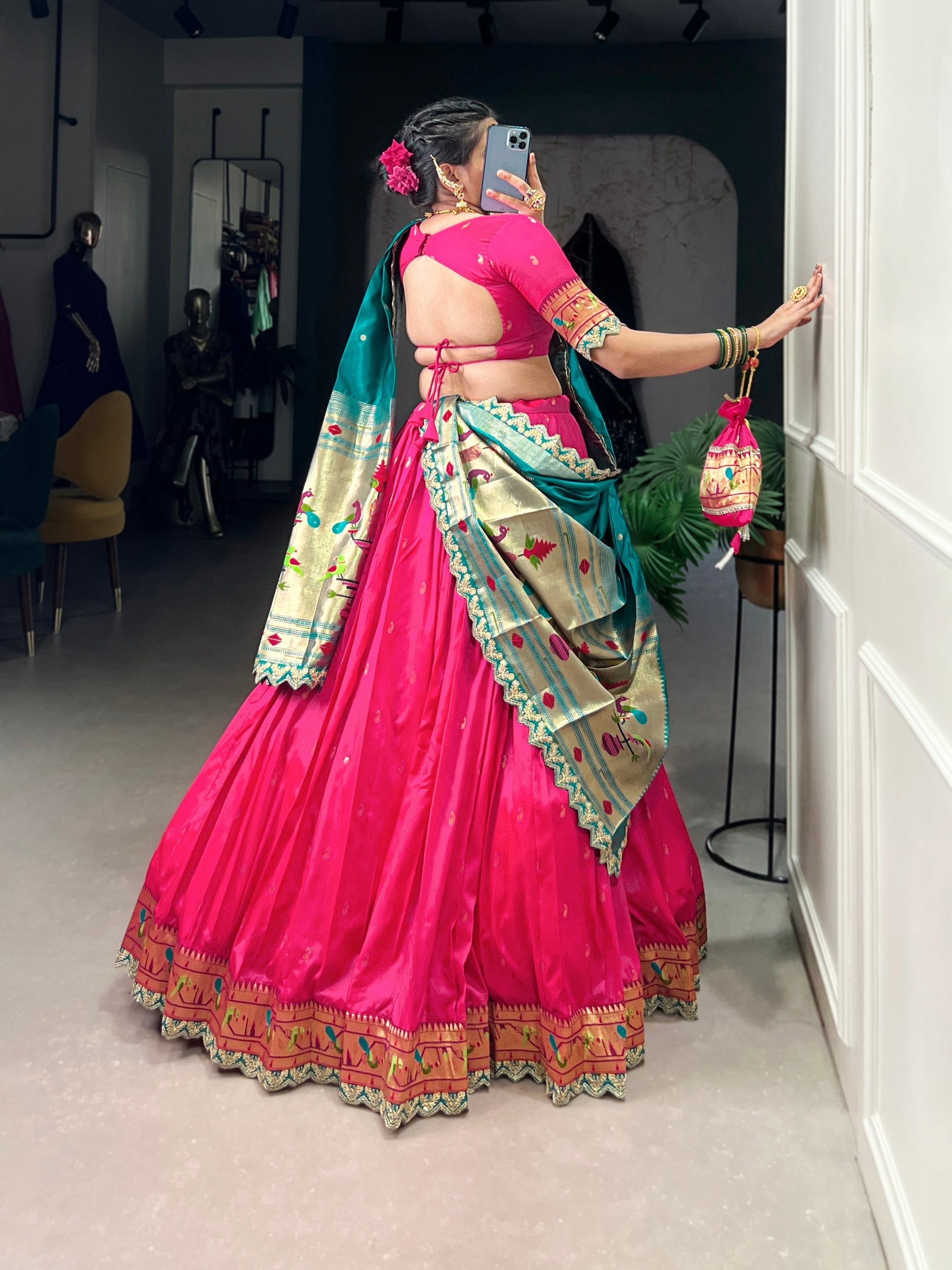 Pink Paithani Jacquard Silk Lehenga Set with Zari Weaving, Embroidery & Scallop