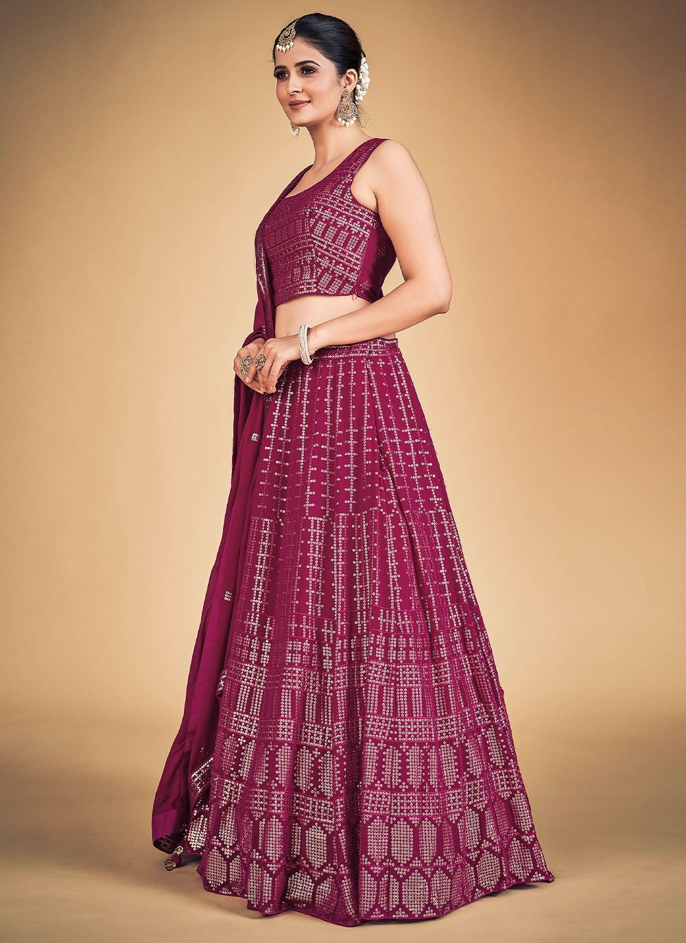 Pink Pakistani Georgette Lehenga Choli For Indian Festivals & Weddings - Sequence Embroidery Work,