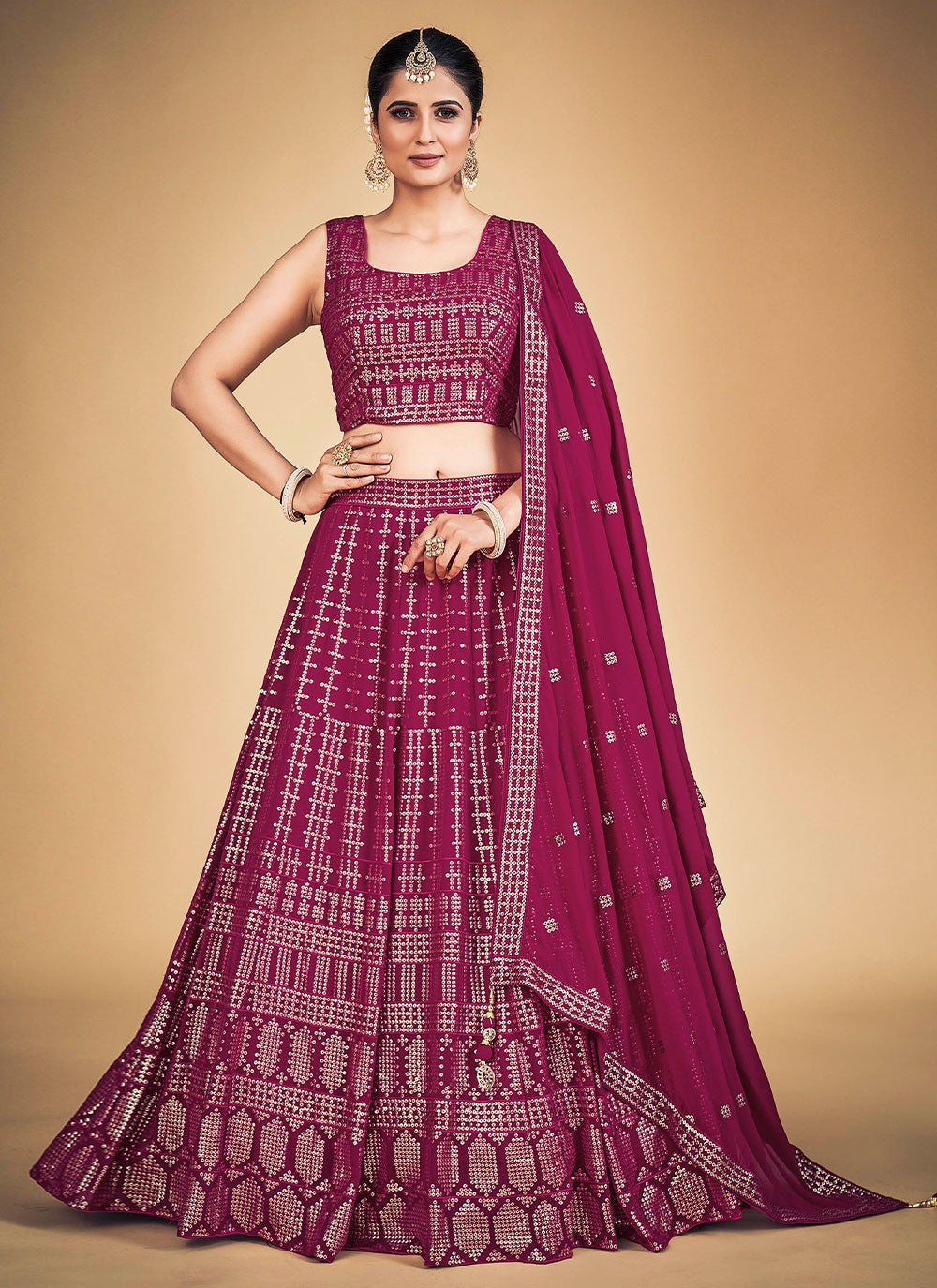Pink Pakistani Georgette Lehenga Choli For Indian Festivals & Weddings - Sequence Embroidery Work,