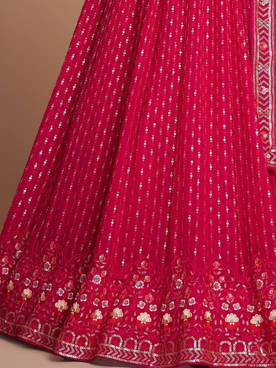 Pink Pakistani Georgette Lehenga Choli For Indian Festivals & Weddings - Sequence Embroidery Work, Thread Embroidery Work,