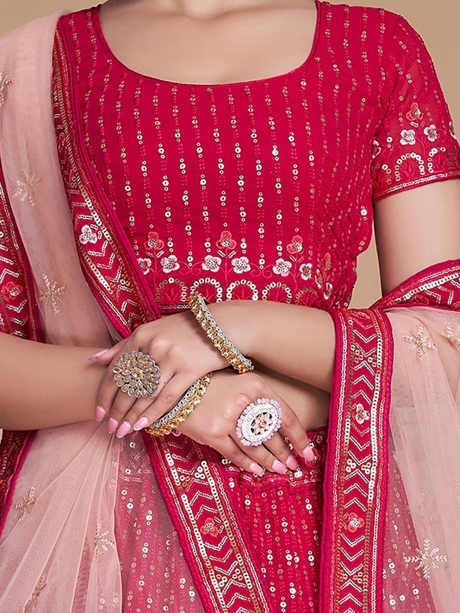 Pink Pakistani Georgette Lehenga Choli For Indian Festivals & Weddings - Sequence Embroidery Work, Thread Embroidery Work,