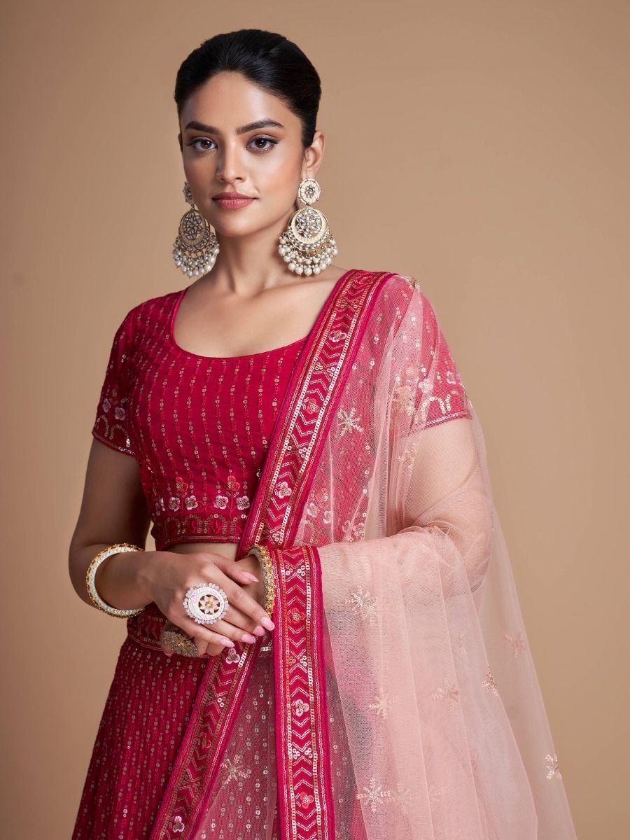 Pink Pakistani Georgette Lehenga Choli For Indian Festivals & Weddings - Sequence Embroidery Work, Thread Embroidery Work,