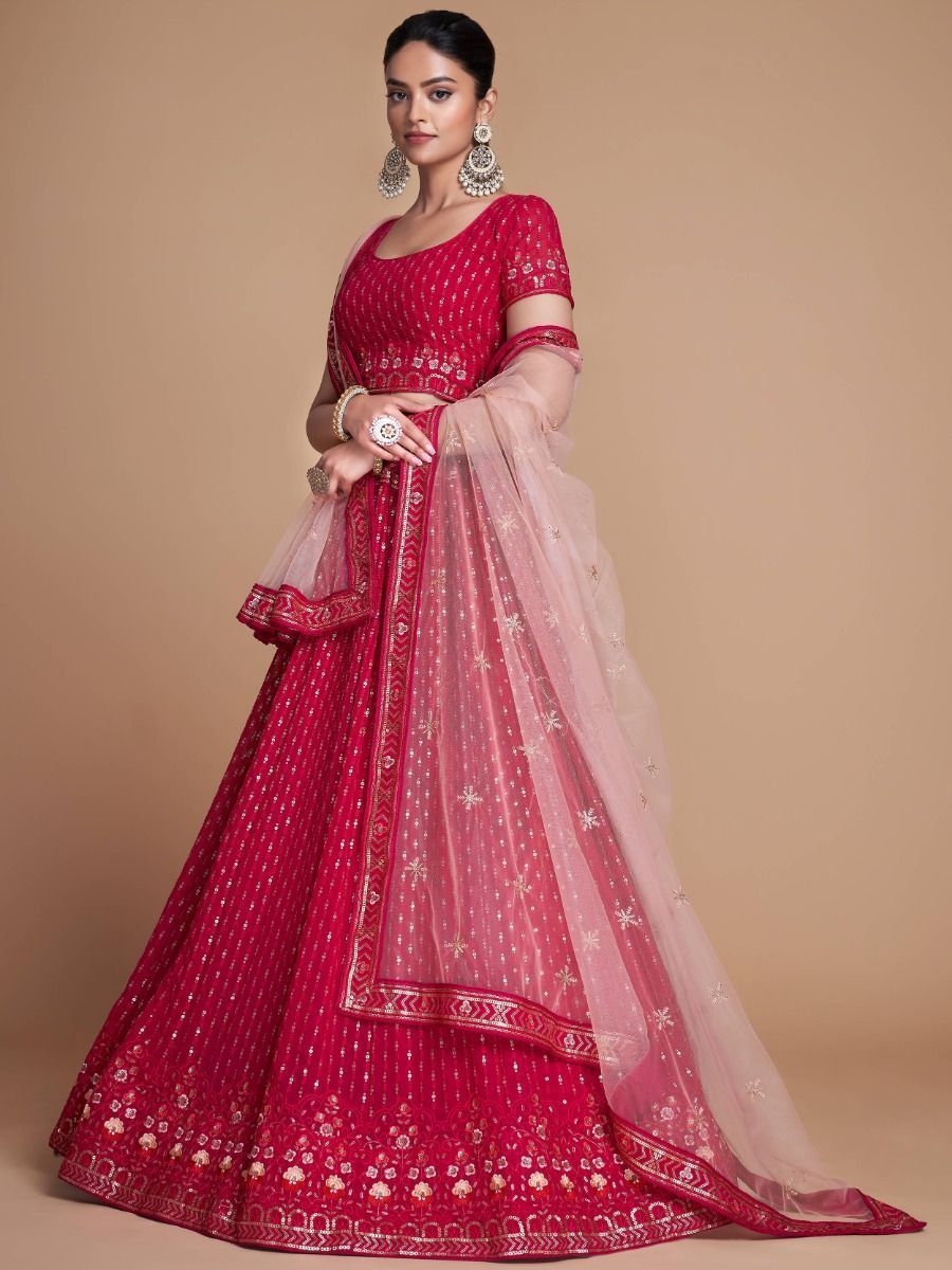 Pink Pakistani Georgette Lehenga Choli For Indian Festivals & Weddings - Sequence Embroidery Work, Thread Embroidery Work,