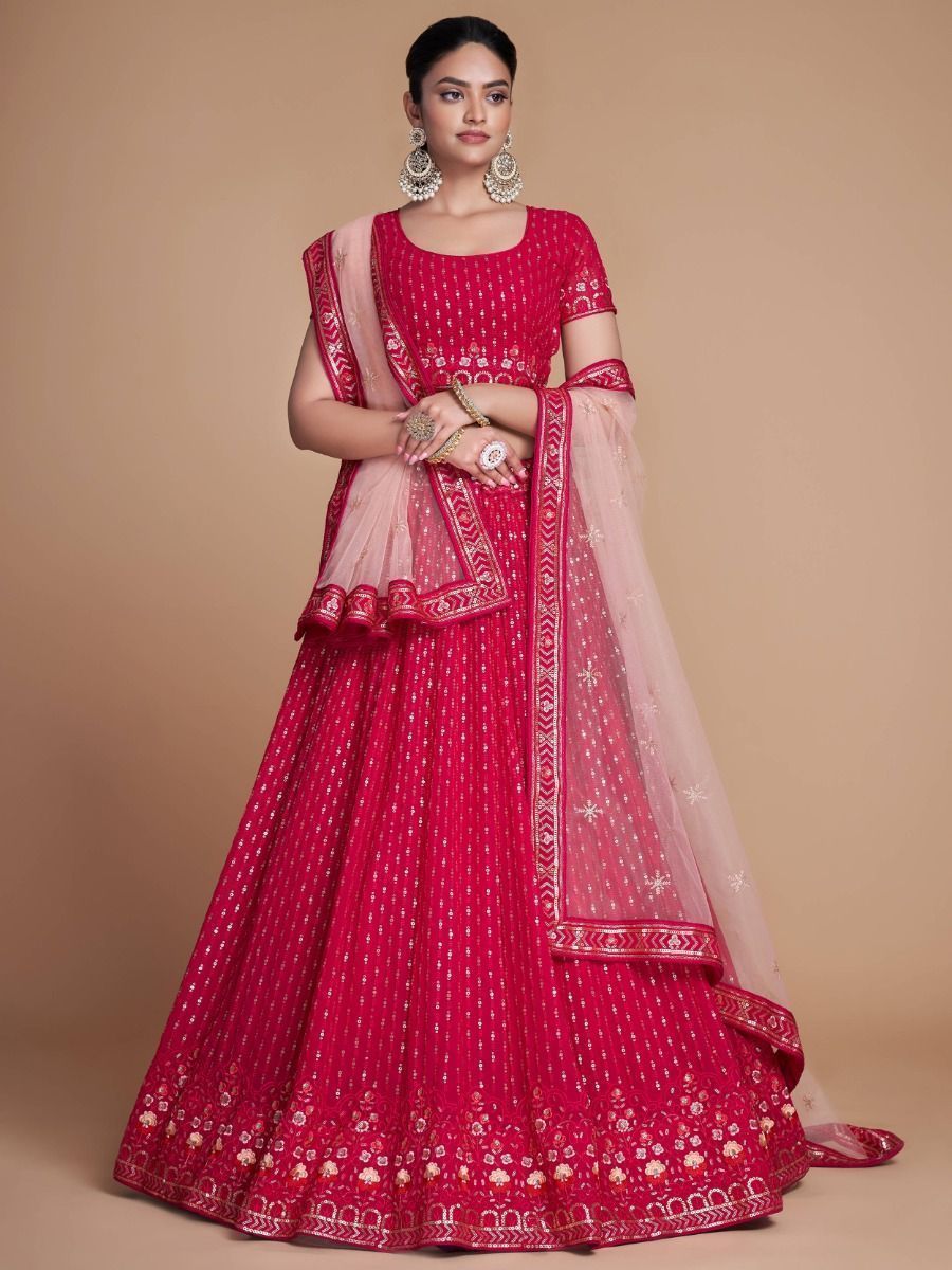 Pink Pakistani Georgette Lehenga Choli For Indian Festivals & Weddings - Sequence Embroidery Work, Thread Embroidery Work,